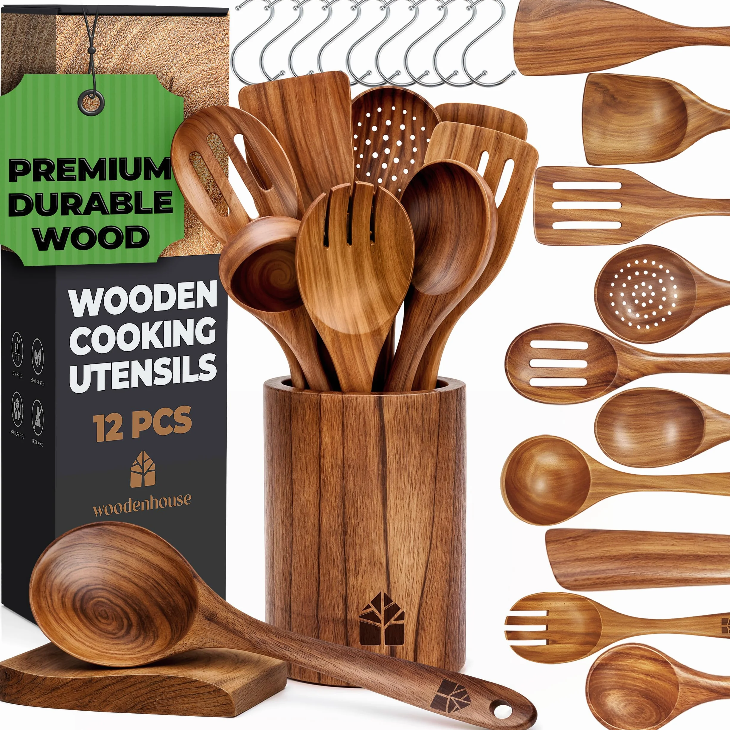 Woodenhouse - Set di 12 Pezzi di Utensili da Cucina in Legno di Teak con Supporto, Porta Cucchiaio e Ganci Nonstick