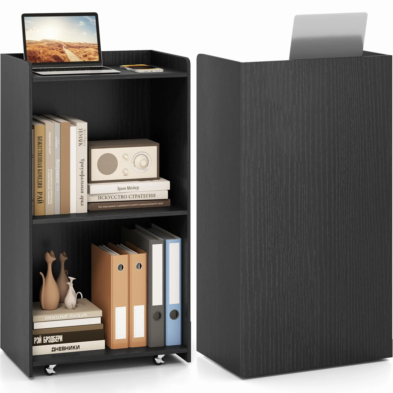 GIANTEX Podio - Leggio mobile con ruote bloccabili, supporto per podio in legno, per sala riunioni, scuola e chiese, 57,5 x 37 x 105 cm (nero)