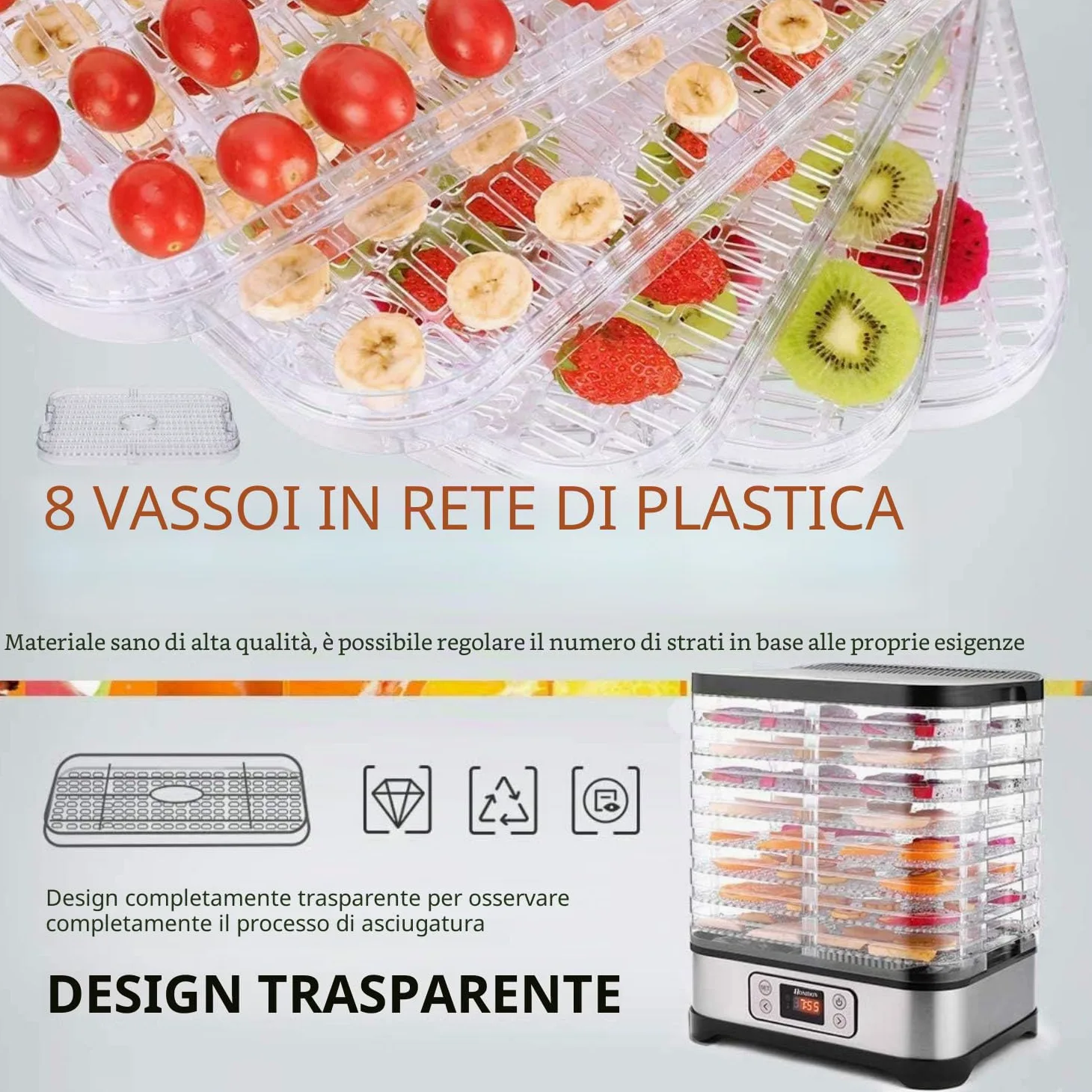 Nictemaw Essiccatore automatico da 400 W, Essiccatore per alimenti con 8 Pallet, Essiccatore per carne, frutta e verdura, temperatura regolabile 35-70 ℃, Argento Nero