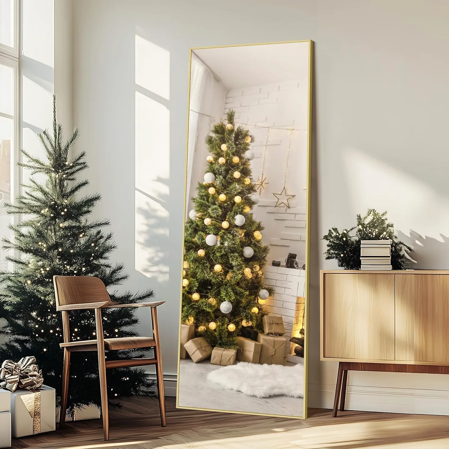 Specchio da Terra, 161 x 52 cm Specchio Rettangolare con Cornice in Alluminio Oro per Bagno, Camera da Letto, Ingresso e Corridoio
