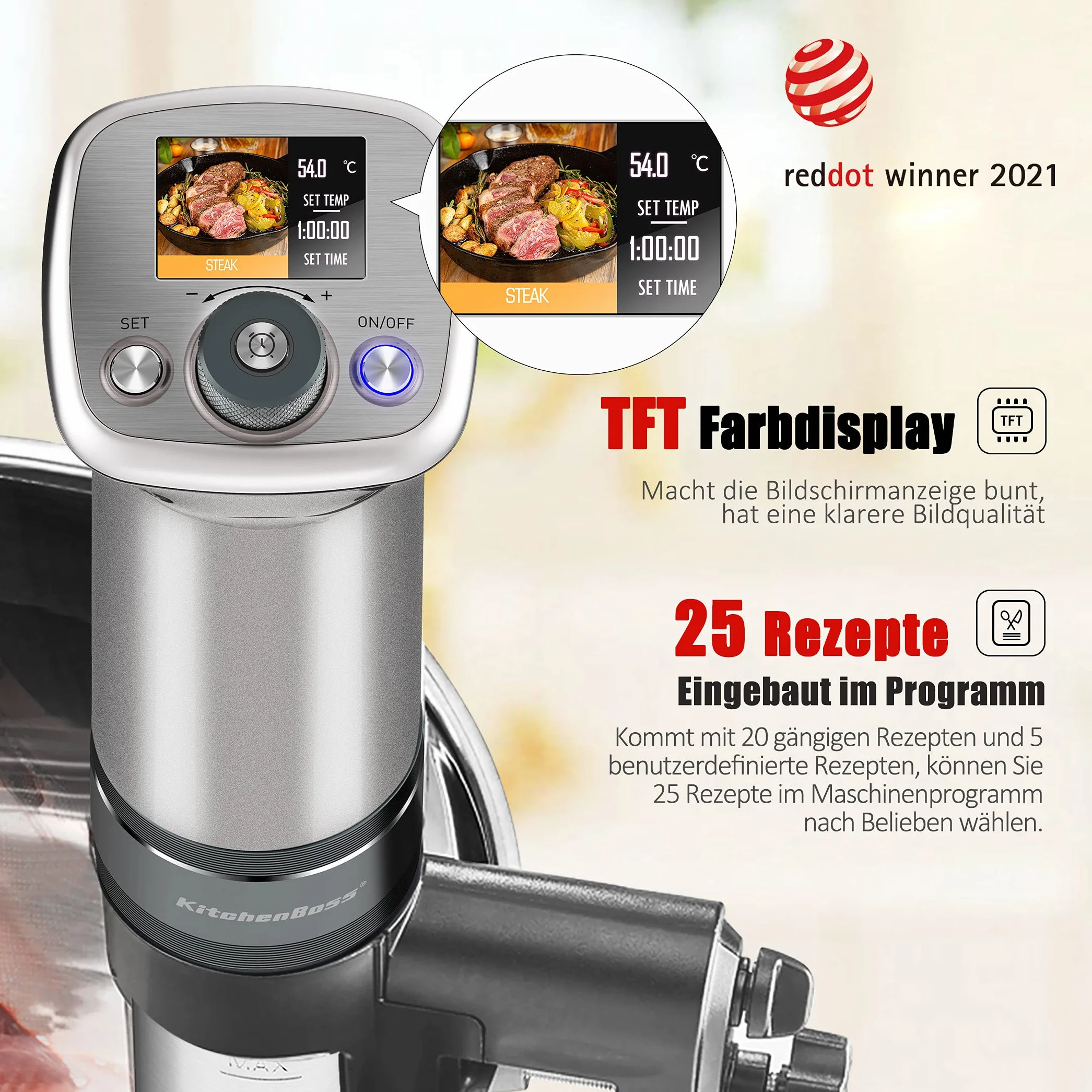 Roner cucina a bassa temperatura Sous Vide Roner: ricette LCD colorate | G320 Pro Silver Machine, motore DC senza spazzole | 1100 Watt | Viene fornito con ricettario | IPX7 KitchenBoss