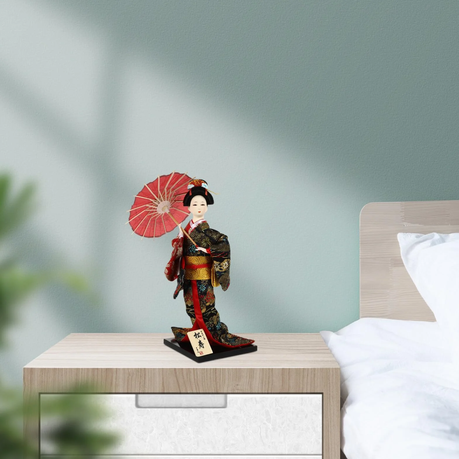 Bambola Geisha Giapponese in Legno Artigianale 12.20x4.72x4.72In Decorazione Desktop Kimono Figurina da Collezione