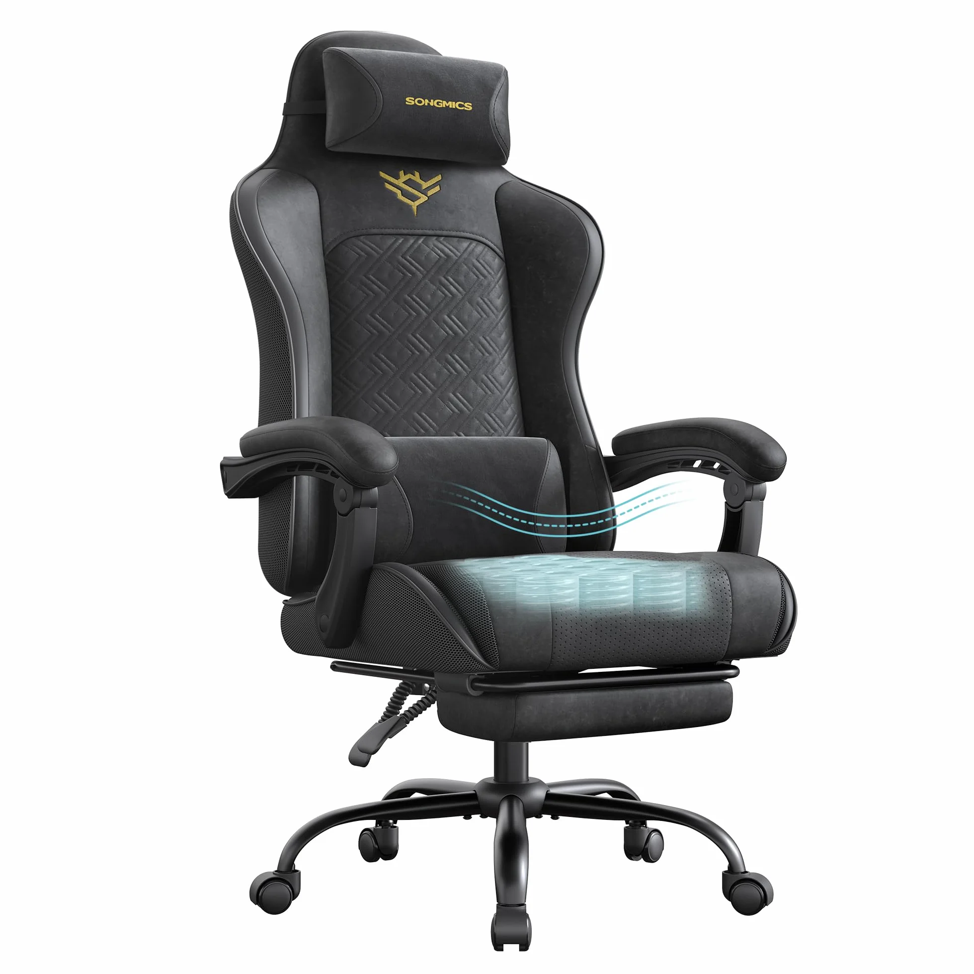 SONGMICS Sedia Gaming, Sedia da Ufficio Scrivania, Ergonomica, Seduta con Molle, Poggiapiedi, Braccioli con Meccanismo Sincronizzato, Nero Inchiostro OBG079B01