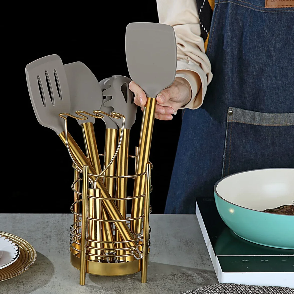 Berglander Set di utensili da cucina dorati 38 pezzi in silicone antiaderente, set di spatole a cucchiaio con robusto supporto per utensili in acciaio inossidabile