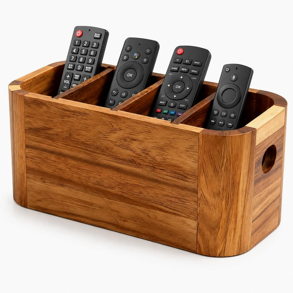 Porta telecomandi in legno di acacia, organizer da scrivania a 4 scomparti con divisori regolabili rimovibili e cuscinetti antiscivolo, organizer per telecomandi TV per soggiorno, comodino