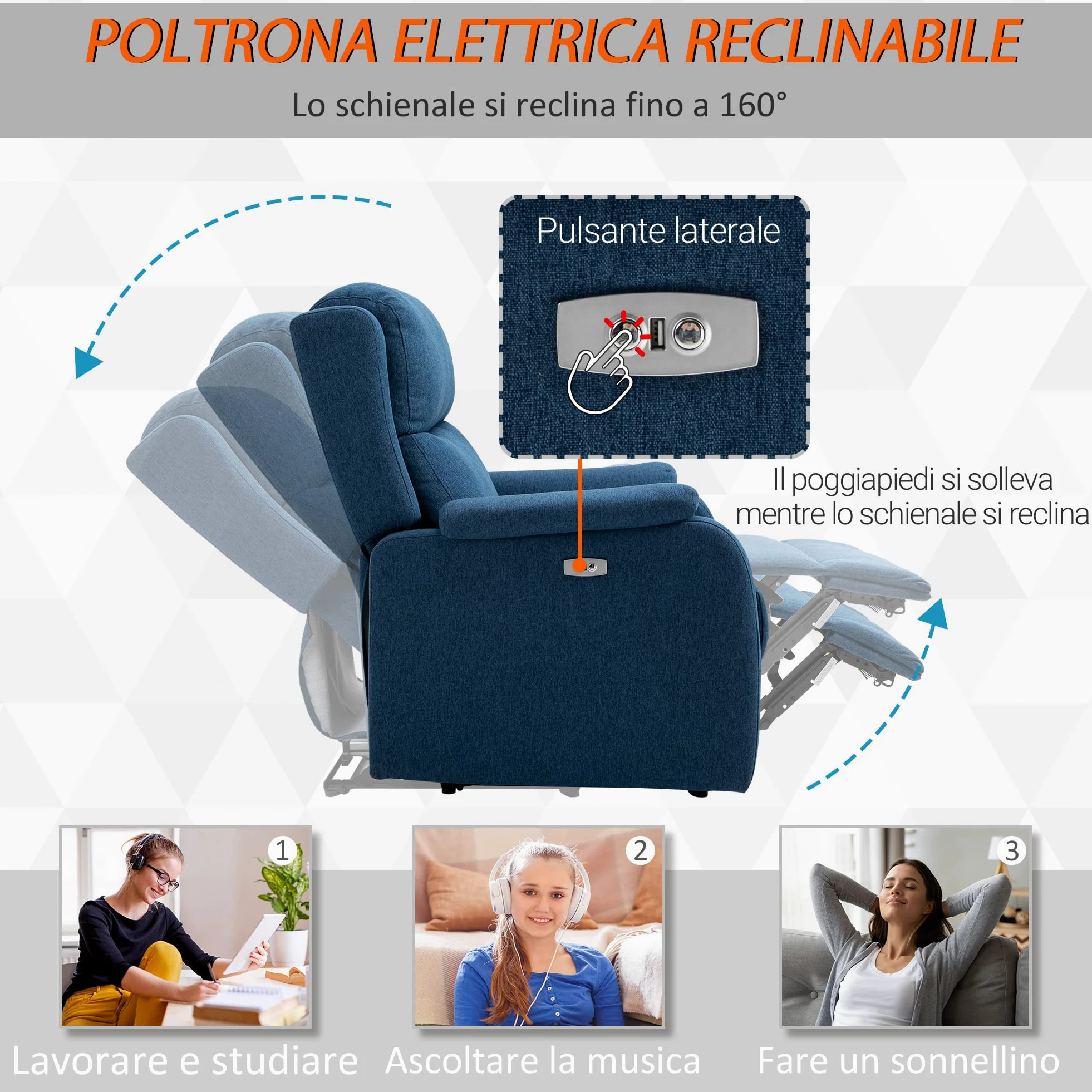 HOMCOM Poltrona Relax Elettrica con Poggiapiedi e Presa USB, Poltrona Reclinabile Elettrica 160° in Tessuto effetto Lino, Legno di Pioppo per Soggiorno, Salotto e Camera da Letto, Blu