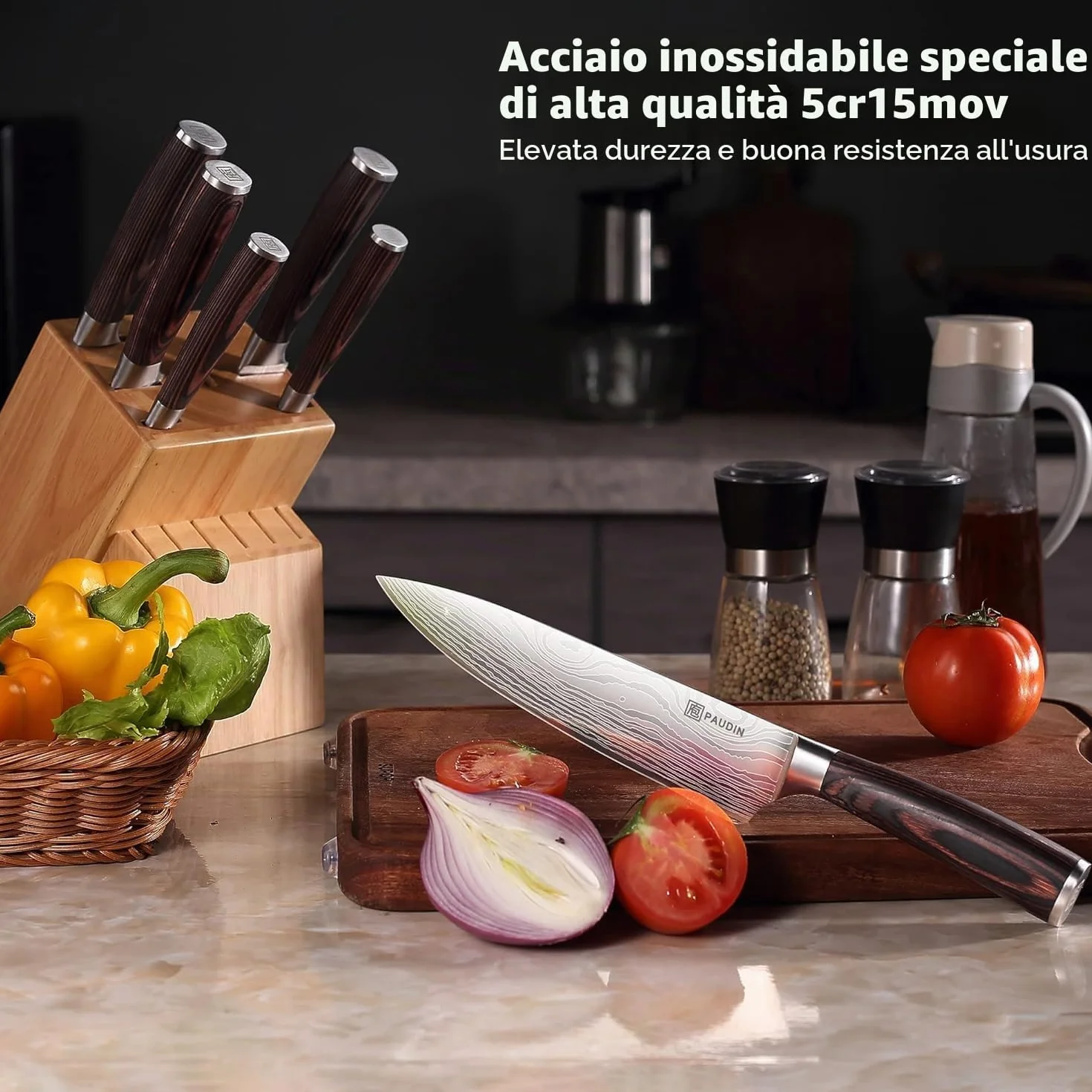 PAUDIN Coltello da Chef Professionale da 20 cm, da Cucina per Cuoco, in Acciaio Inossidabile al Carbonio di Alta Qualità, Lama Super Affilata con Impugnatura Ergonomica