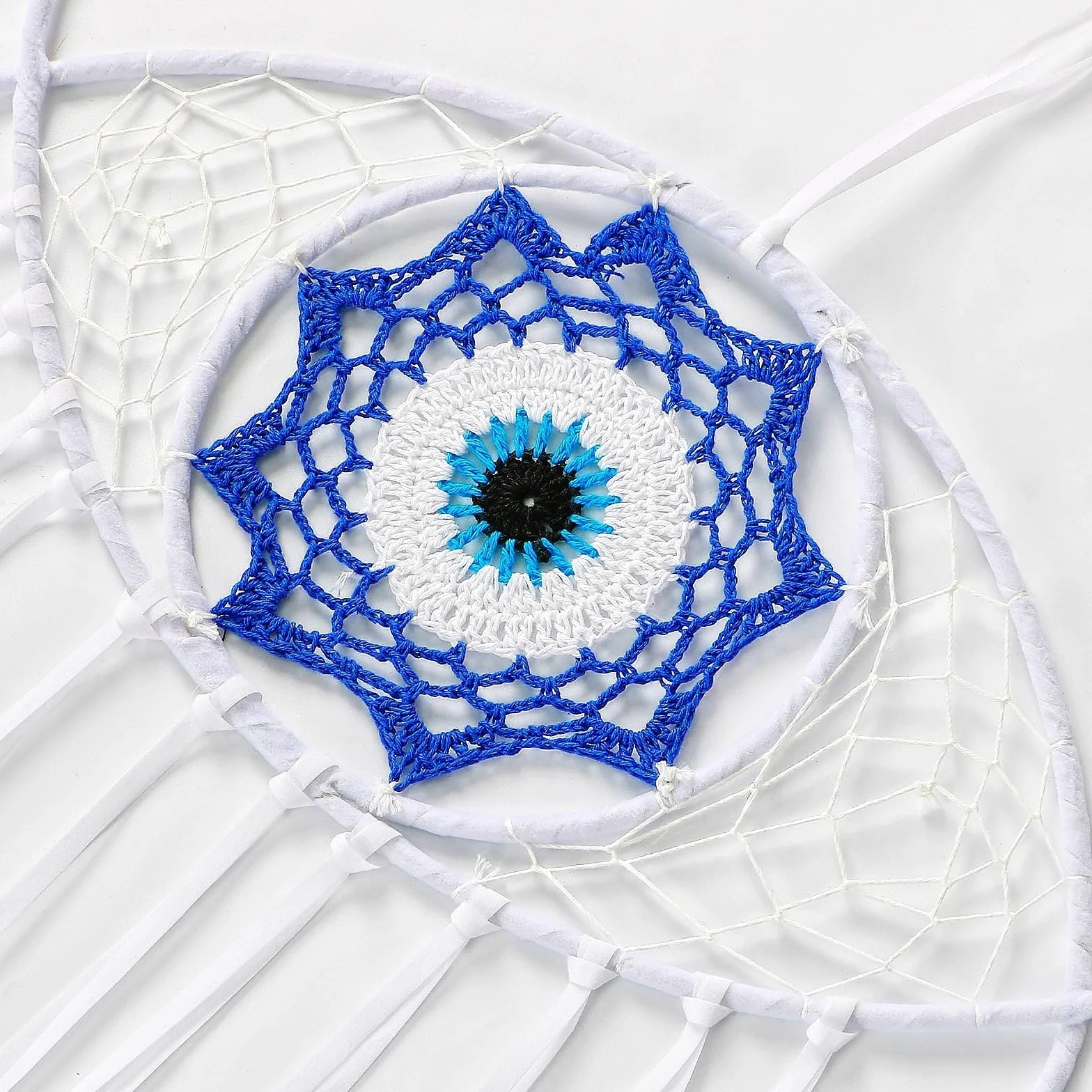Evil Eye acchiappasogni macramè occhio turco bianco piume decorazione camera da letto ornamento parete