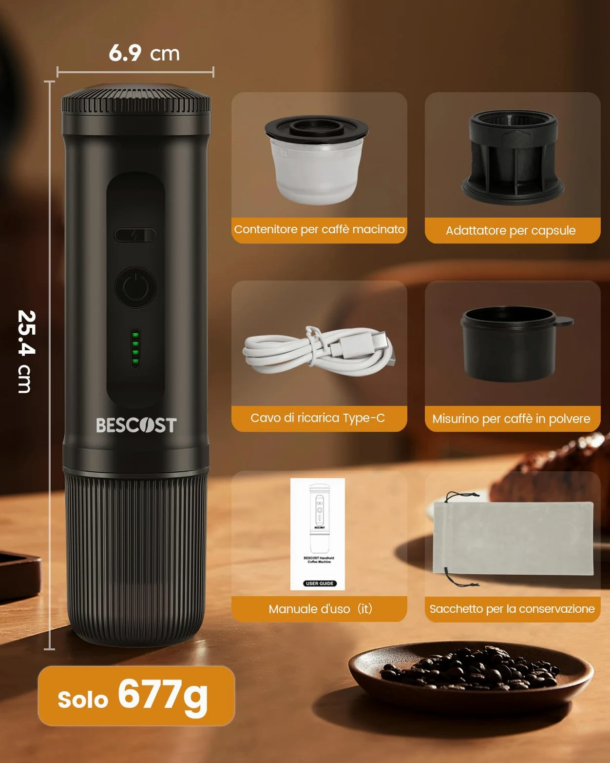 Macchina Caffè Portatile 20 Bar, Auto-Riscaldamento 3 Min, Batteria 9600mAh USB-C, Compatibile con Capsule NS e Caffè Macinato,Libertà di Espresso Ovunque Campeggio Auto Camper Barca Ufficio