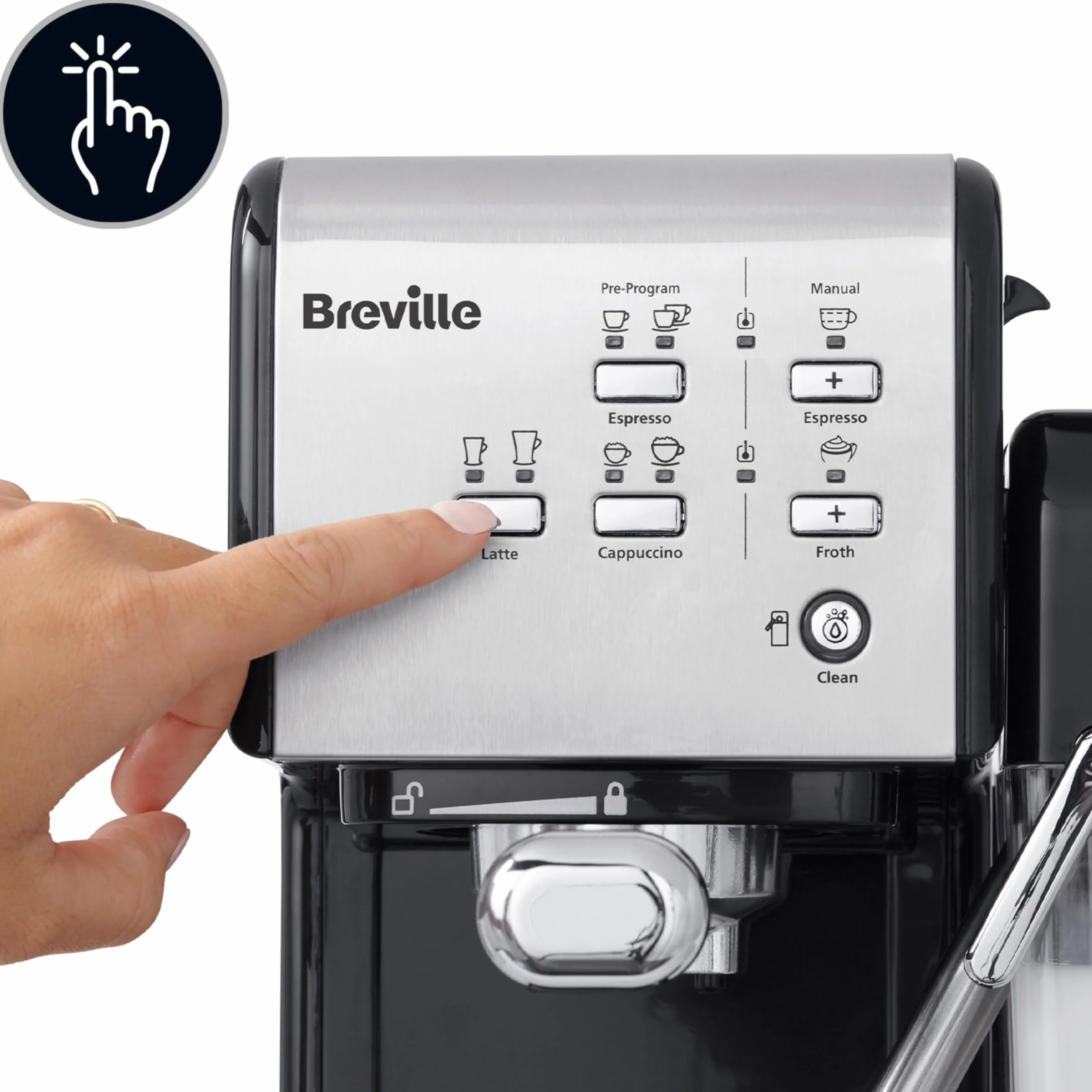 Breville Prima Latte II Espresso, Macchina per latte e cappuccino, Pompa professionale da 15 bar e montalatte, Argento VCF108X