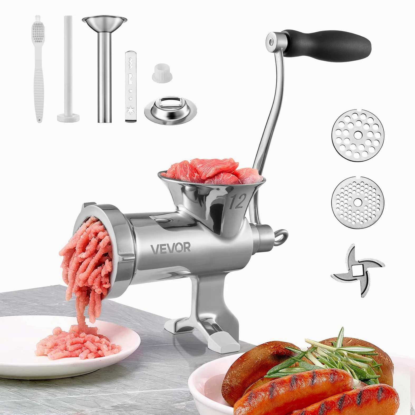 VEVOR Tritacarne Manuale in Acciaio Inossidabile 304 Fissaggio a Morsetto da Tavolo per Preparazione di Salsicce Salumi Polpette, Tritacarne Manuale da Tavolo Acciaio Inox Uso Alimentare Calibro #12