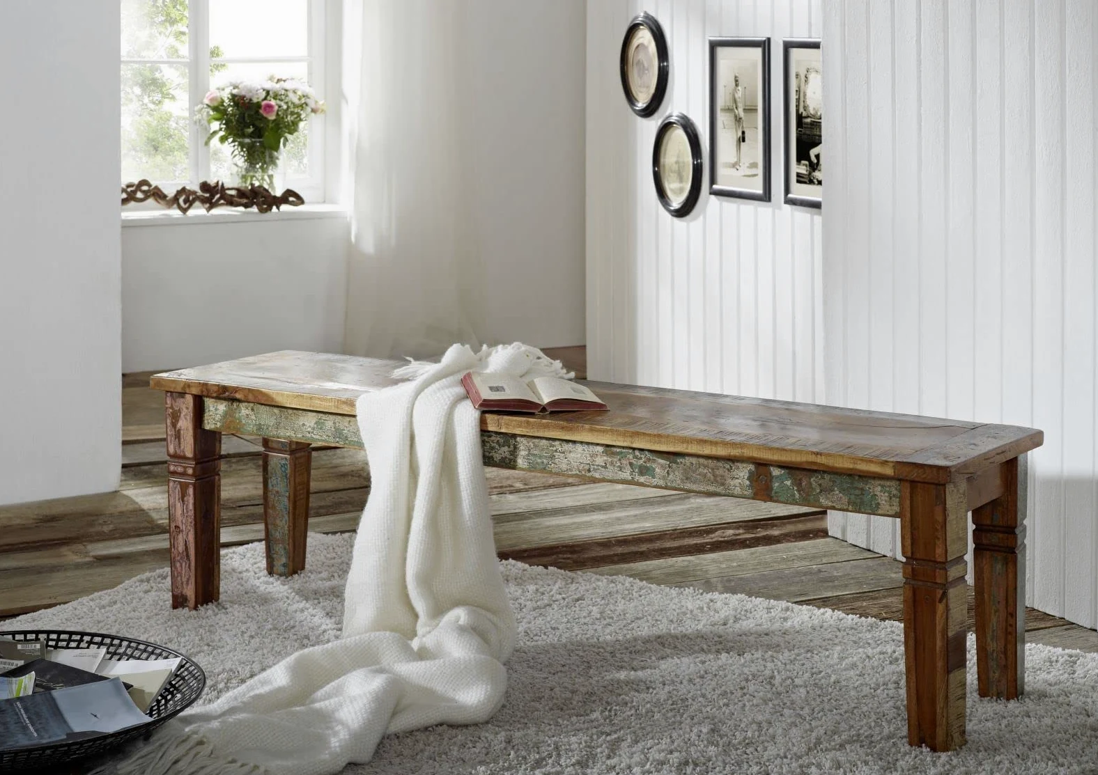 MASSIVMOEBEL24.DE Nature of Spirit #35 Panca in Legno Riciclato - Laccato/Multicolore 160x40x45
