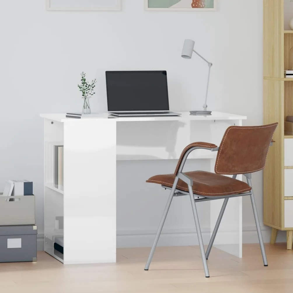 Scrivania bianca lucida, 100 x 55 x 75 cm, scrivania per computer con 2 scomparti, in legno, per studio e ufficio, moderna scrivania da ufficio con spazio per libri e raccoglitori