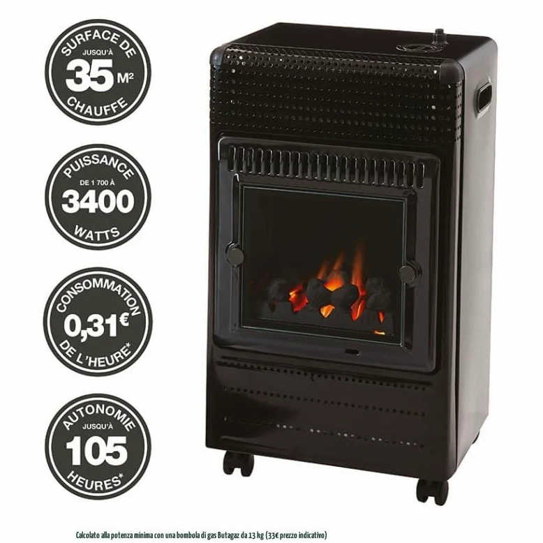 FAVEX - Riscaldatore supplementare a gas Ektor Fire – Pronto all’uso con tubo e riduttore – Interno – Infra Blu effetto fuoco da caminetto – 3 potenze – fino a 35 m² – Nero