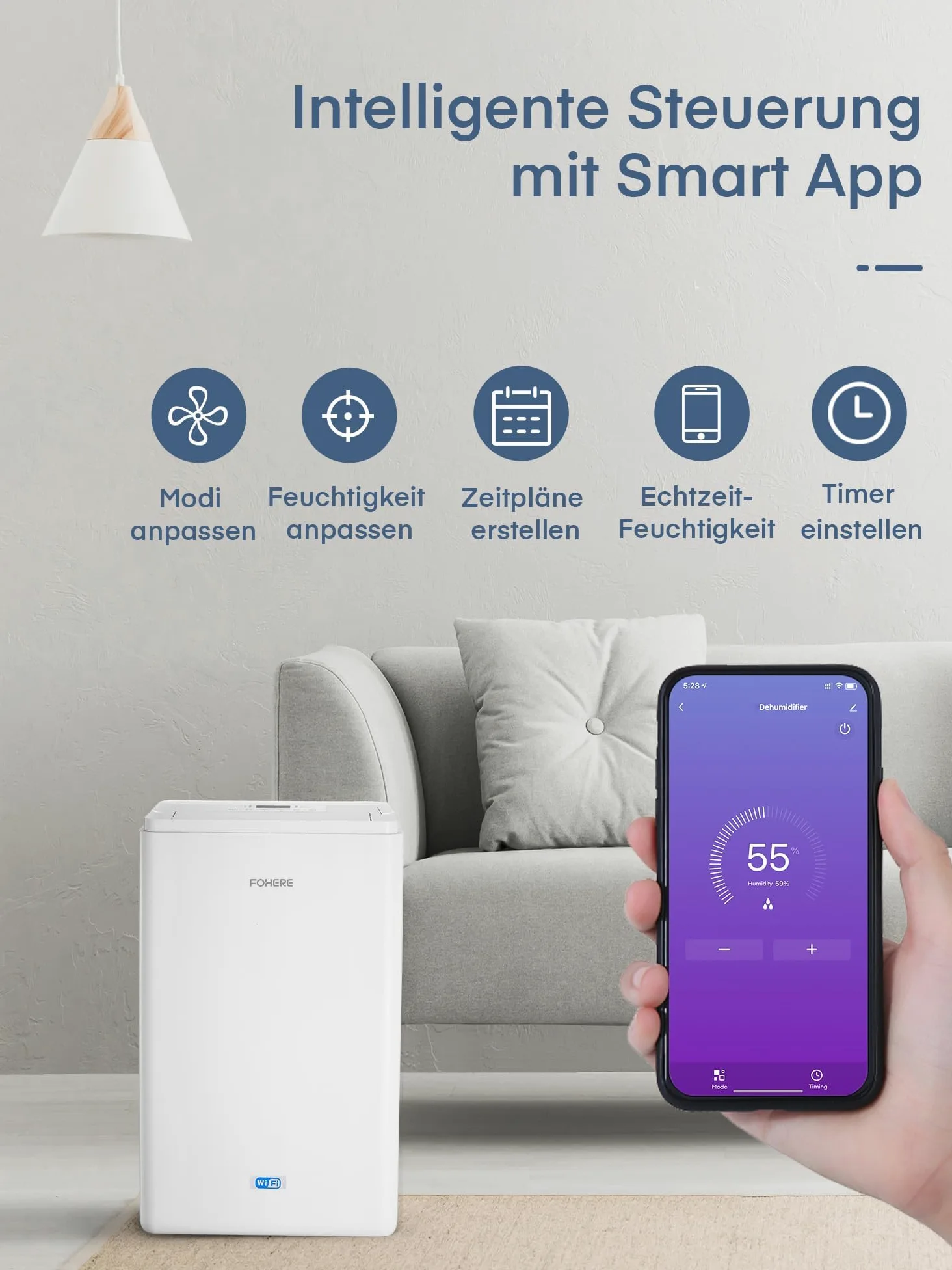 Deumidificatore con app e Wi-Fi, 20 l/24 h, deumidificatore elettrico, per fino a 135 m³, serbatoio da 4,2 l, protezione da traboccamento, timer 24 ore con modalità lavaggio, umidificatore per cantina