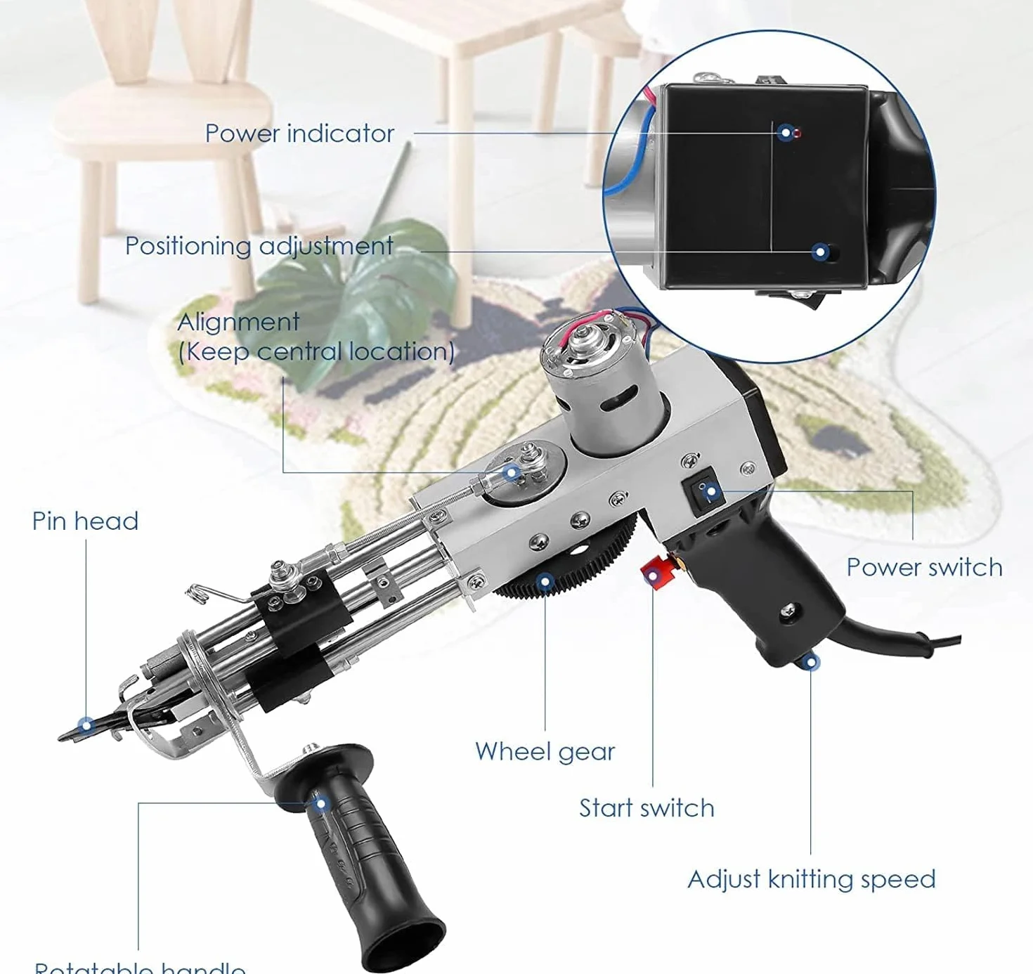Pistola Tufting,5-40 Steps/S Tufting Gun Pistola elettrica a spruzzo 7-21 mm Regolabile Macchina per maglieria Tappeti per Natale Artigianato Tappeto Abbigliamento
