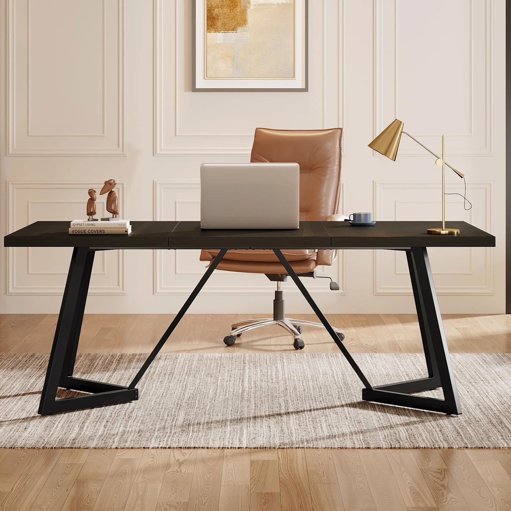 Tribesigns Scrivania moderna per computer, 180 cm, grande scrivania da ufficio con telaio in metallo, scrivania rettangolare per laptop, studio, scrivania per casa e ufficio (nero)