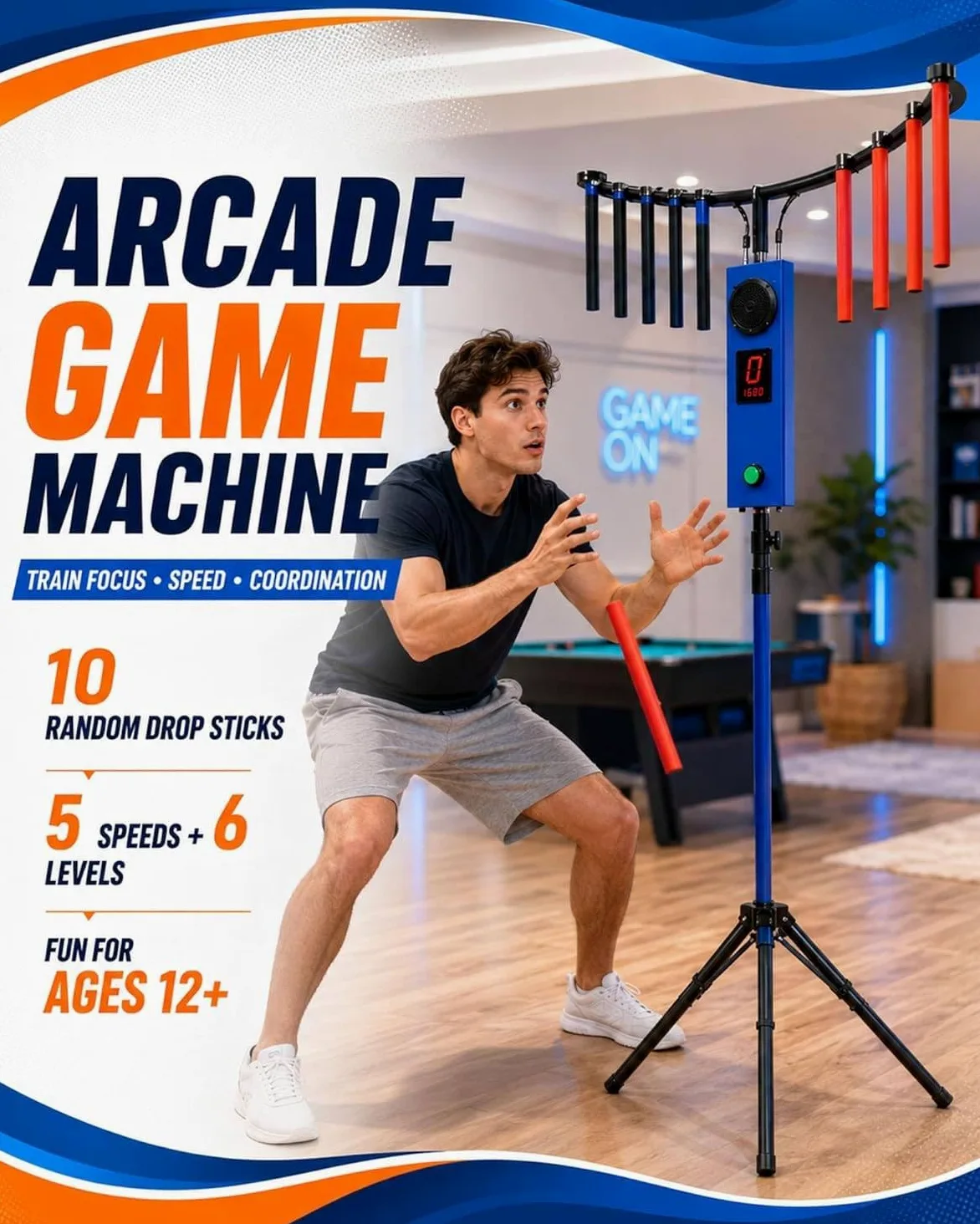 Macchina Arcade per Gioco di Riflessi con 10 Bastoncini Blue | 5 Velocità, 6 Difficoltà, 3 Modalità, Altezza 0,9–2 M, LED E Mp3, Allenamento Riflessi Bambini Adulti Eventi