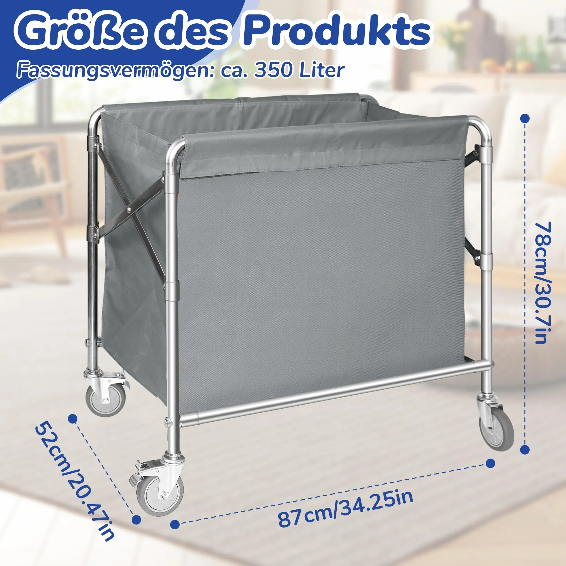 bimiti Carrello per la biancheria, in acciaio inox, con ruote, pieghevole, con portata di 100 kg, per la casa, hotel, 87 x 52 x 78 cm