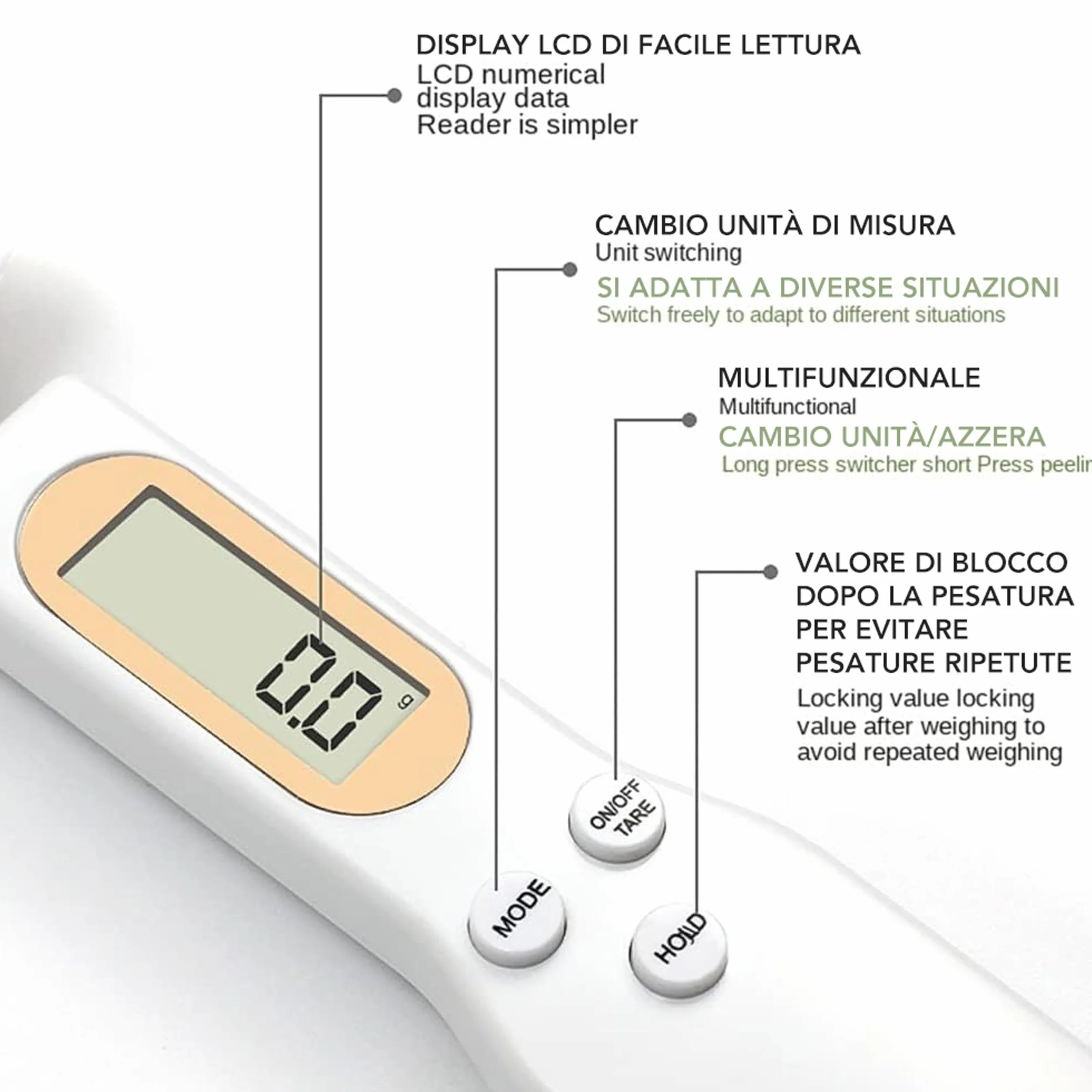 IPEA Cucchiaio Bilancia Digitale per Misurare Peso Alimenti in Cucina - Precisione da 1g a 500g - Bilancia Elettronica con Display - Dosatore per Pesare e Dosare Quantità Piccole di Cibo