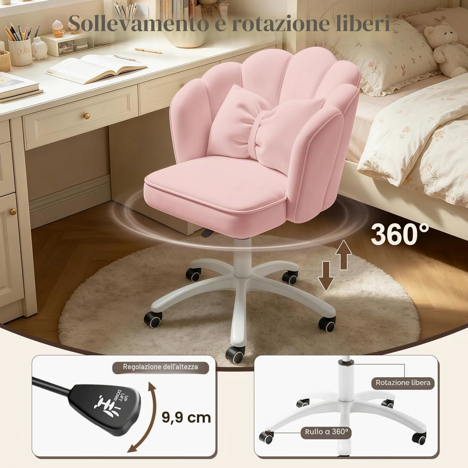 Carina Sedia da Scrivania 'Petalo' in Velluto con Cuscino a Fiocco,Sedia Toeletta Farfalla per Camera da Letto,Sedia da Ufficio con Schienale per Computer(Rosa)