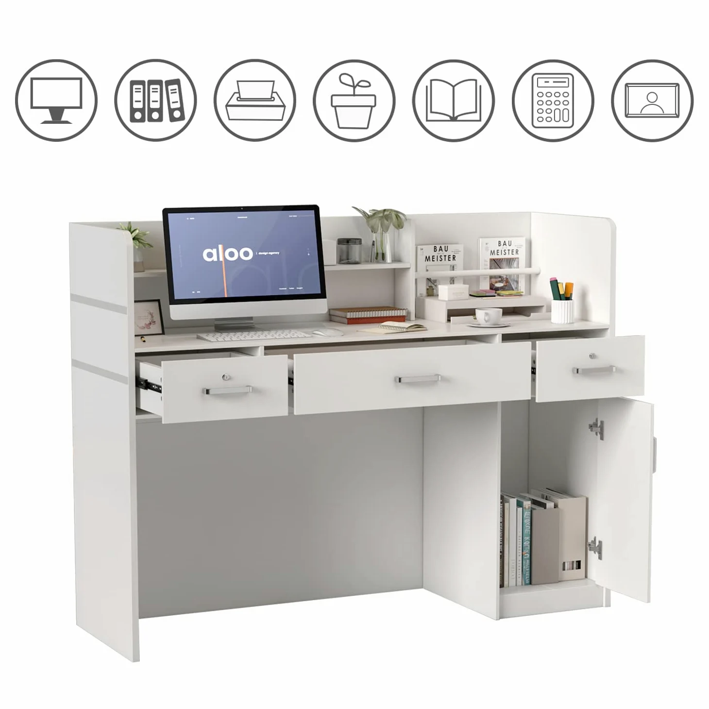Banco reception, bancone reception, tavolo reception per ufficio con 3 cassetti e ripiani per sale aziendali, reception di hotel, negozi di abbigliamento, bianco 120 cm L x 48 cm P x 110 cm H