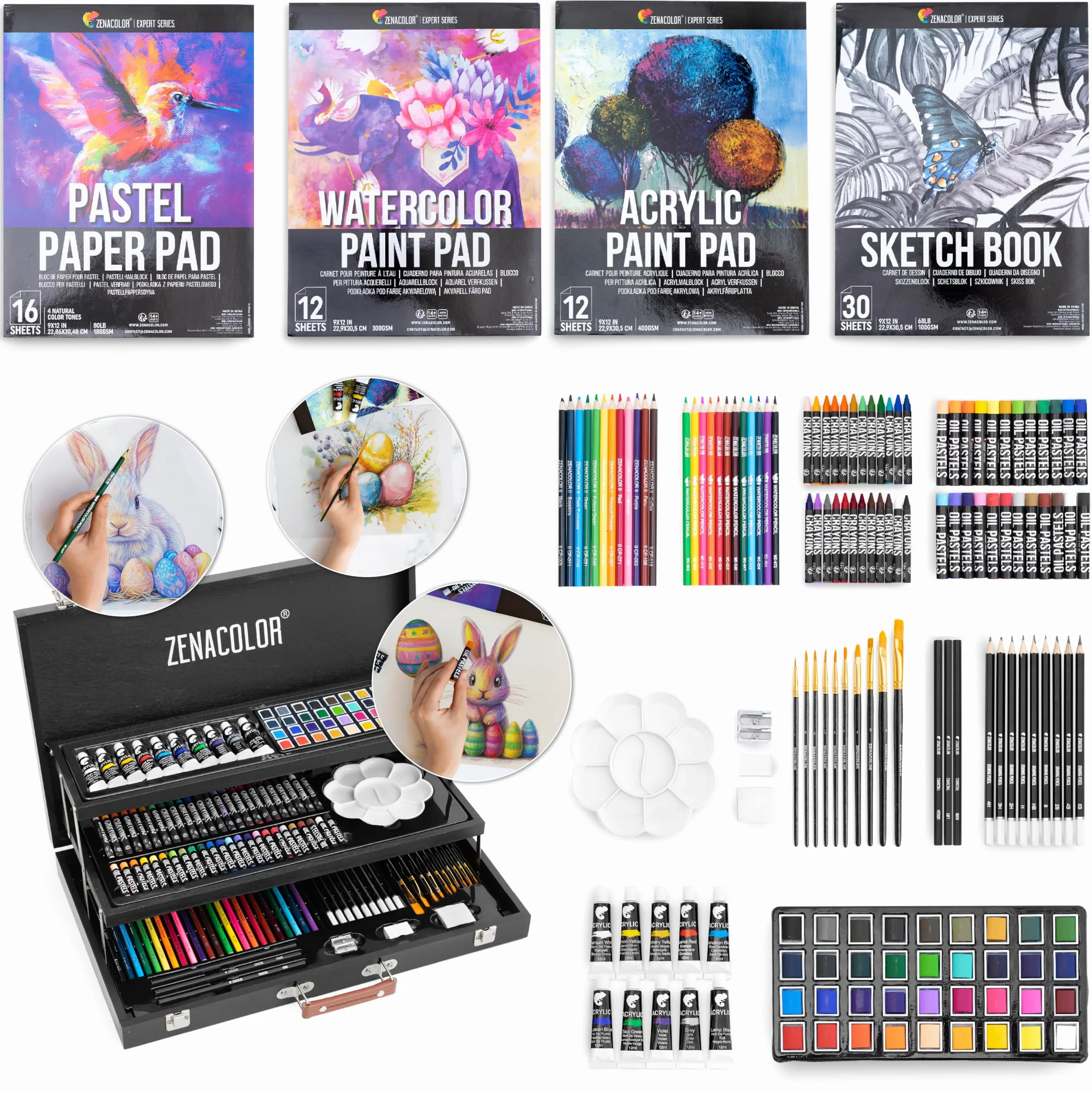 Valigetta Professionale Zeanacolor (XXL) - 150 Pezzi per Disegno e Pittura - Set in Legno di Qualità - Pastelli, Colori Acrilici, a Cera e ad Acqua, Matite