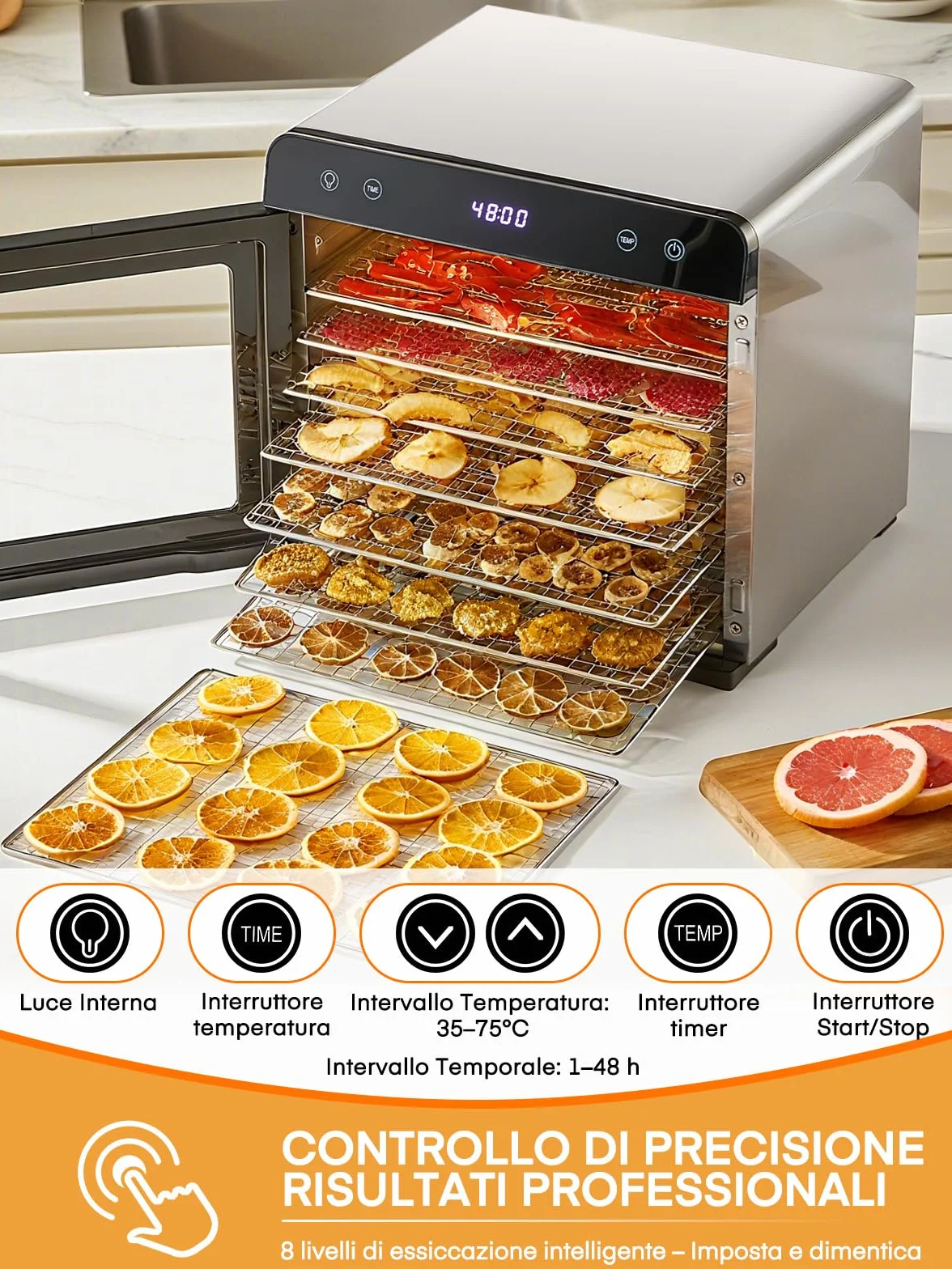 FOHERE Essiccatore Alimentare 8 Vassoi in Acciaio Inox, Silenzioso <40dB per Uso Notturno, Termostato 35-75℃ Timer 48h, per Frutta, Verdura, Carne, Funghi, Erbe, Snack per Bebè