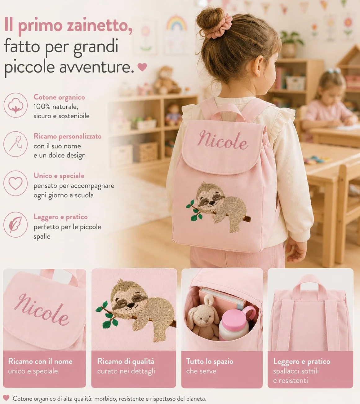 Zaino per scuola asilo bambino bambina con ricamo personalizzato - Zaino ricamato - Zainetto personalizzato - Bambina bambino da 2 a 7 Anni - Idee Regalo (Rosa Baby)