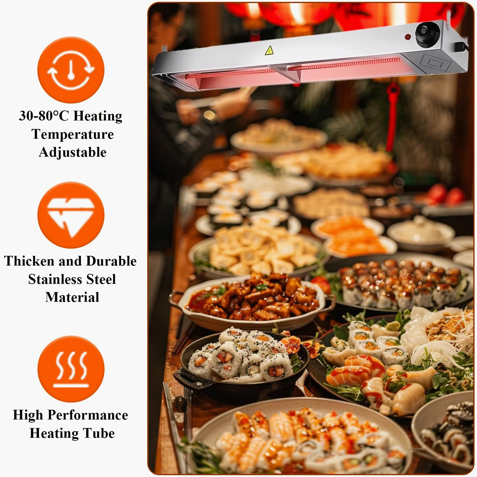 Lampada Riscaldante per Alimenti, Lampada Riscaldante Cucina con 30-80℃ Temperatura Regolabile, Lampada Scaldavivande Ristorante per Ristoranti, Hotel a Buffet (1 Pezzo,150cm)