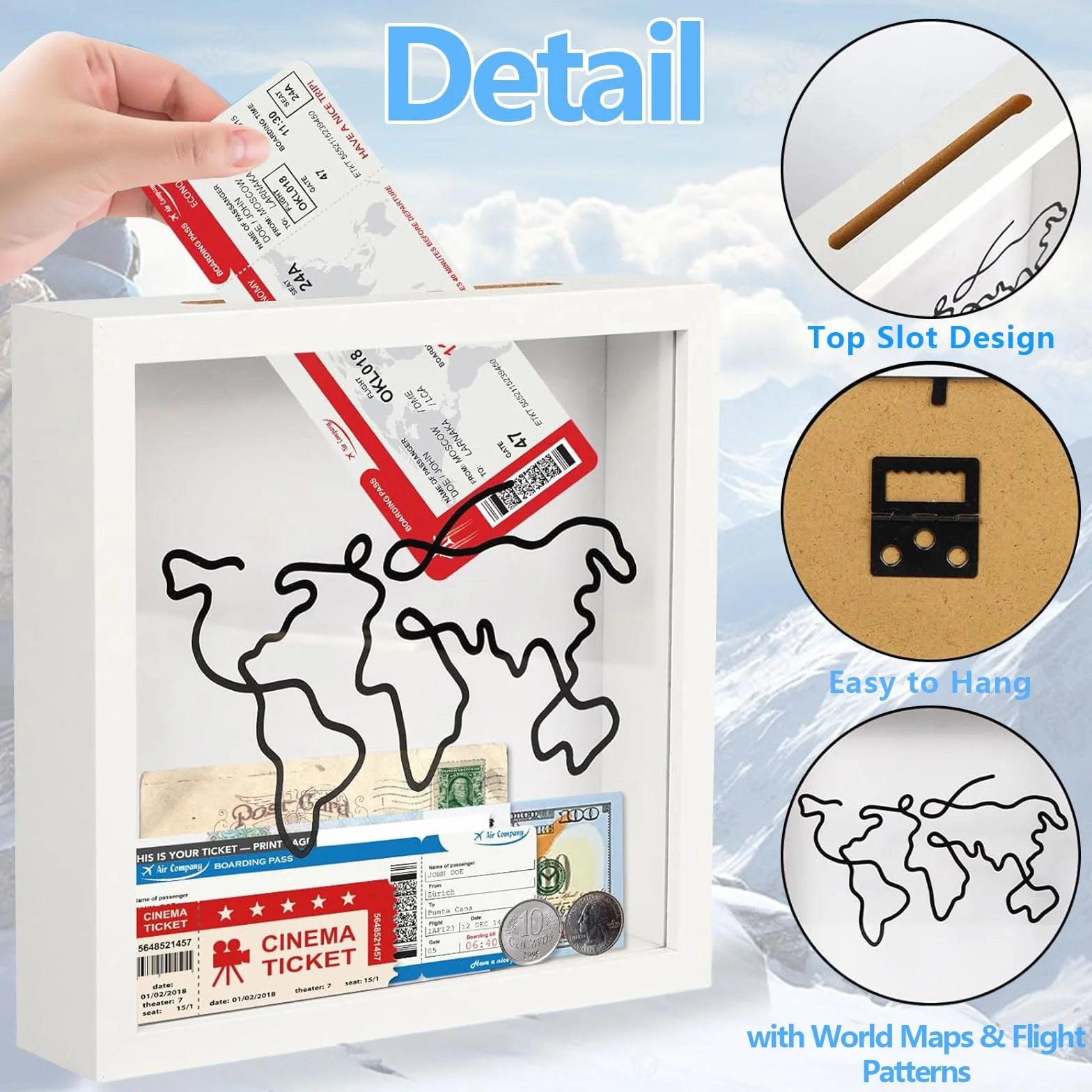 30 * 30cm Adventure Archive Box,Salvadanaio Viaggio con Slot,Scatola di Raccolta di Viaggi,Scatola di Ombra del Biglietto,Mappa del Mondo della Cornice della Scatola,Scatole Legno (Nero)