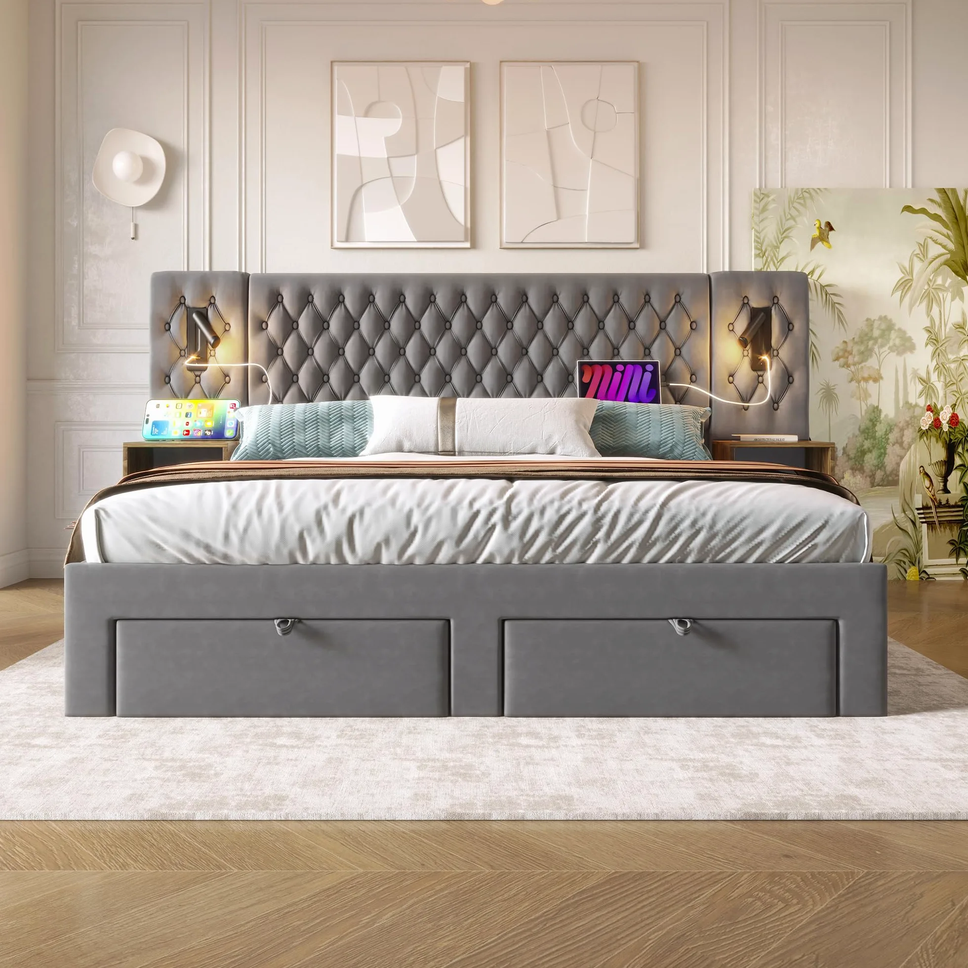 Set Completo per Letto Matrimoniale - Letto Imbottito 180 x 200 cm, Comodini e Cassetti, Lampada da Lettura USB