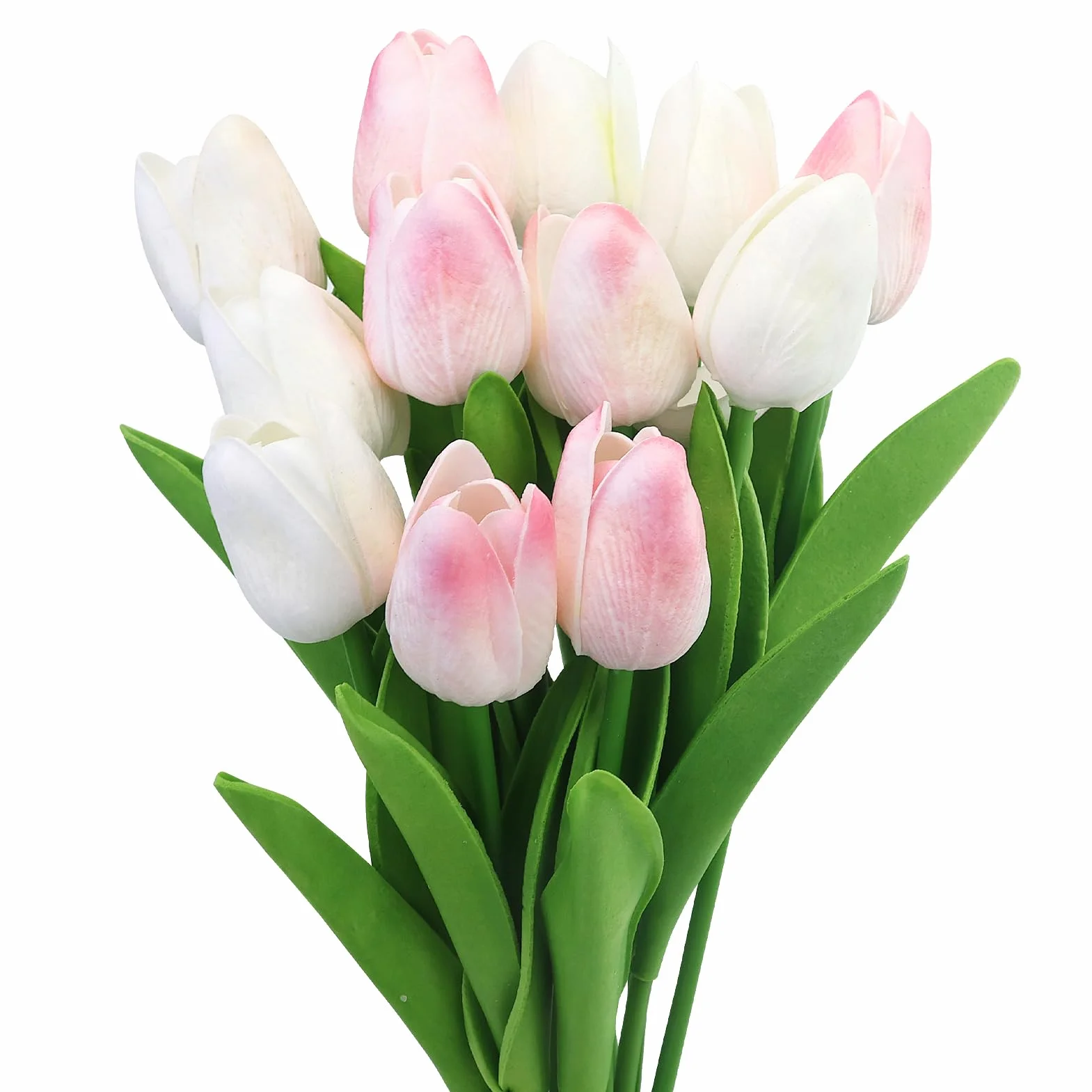 Tulipani Artificiali in Lattice Bianco e Rosa 12 Pezzi per Matrimonio Bouquet