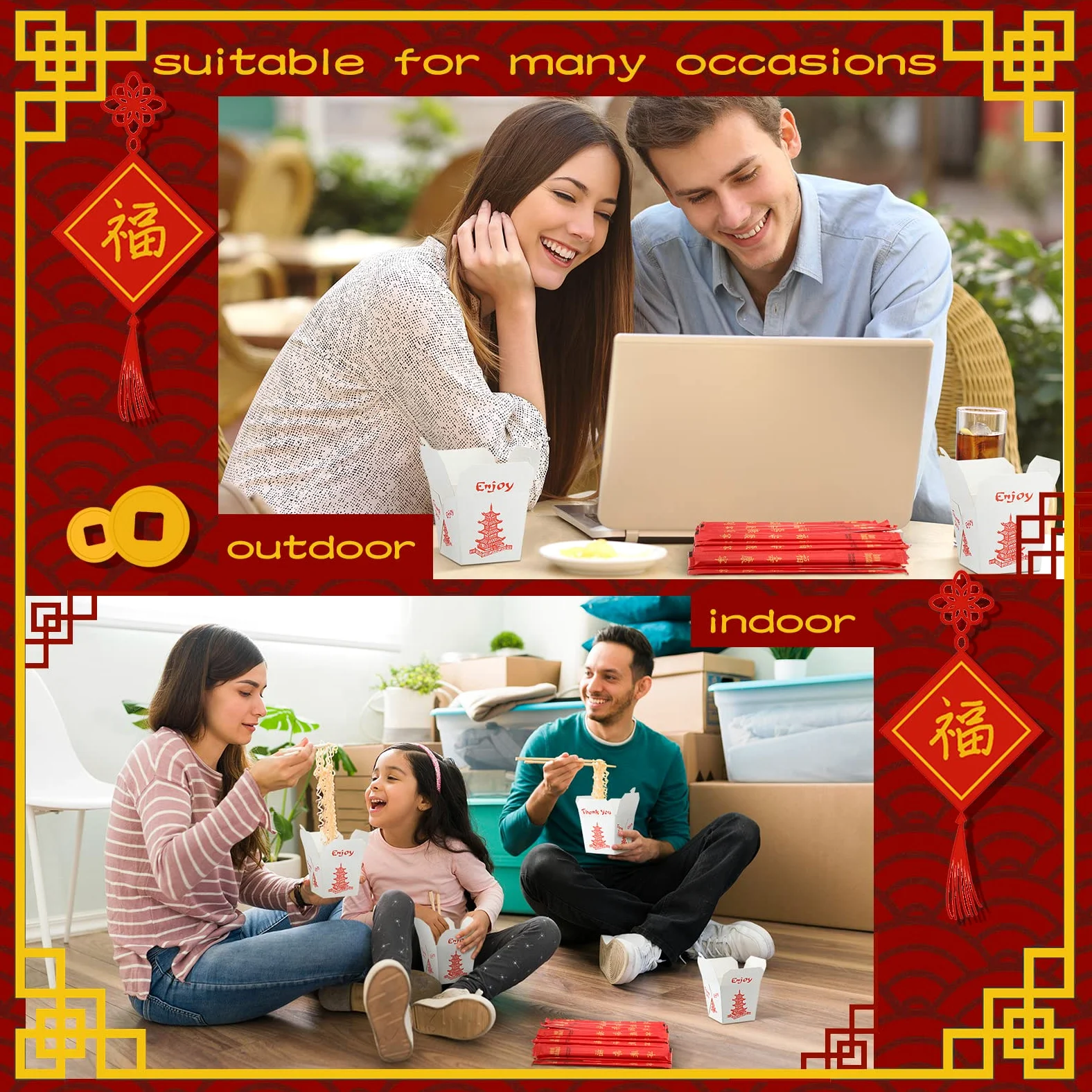 Scatole cinesi da asporto con bacchette, contenitori per alimenti in carta pagoda con maniche e bacchette usa e getta separate, per decorazioni per feste asiatiche, bomboniere, compleanni, matrimoni,