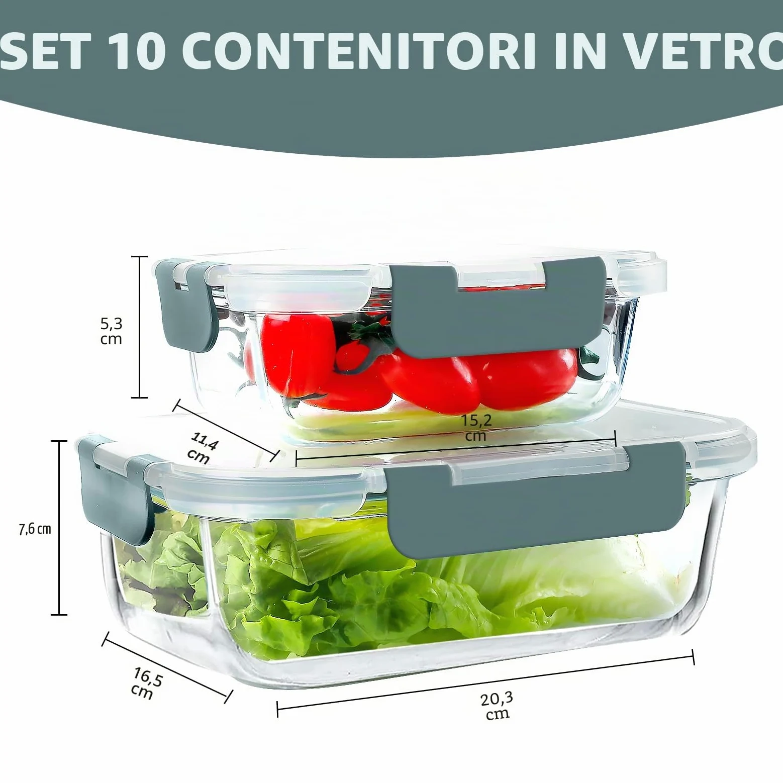 VERONES 10 scatole di vetro per il pranzo, contenitore impilabile in vetro per alimenti con coperchio, senza BPA, adatto a microonde, forno, frigorifero e lavastoviglie, grigio