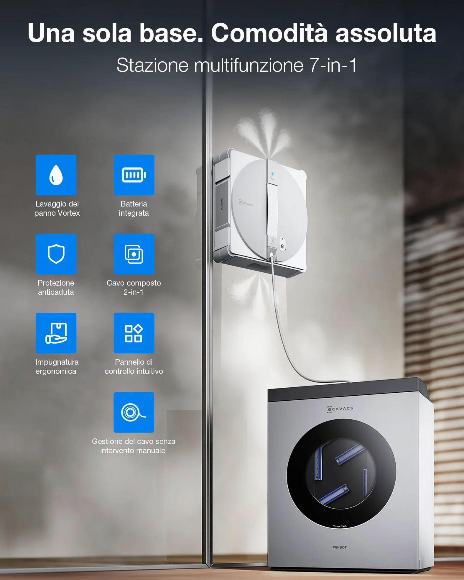 ECOVACS WINBOT W3 OMNI Robot Lavavetri con Stazione Multifunzione, Lavaggio Automatico del Panno, Pulizia Intelligente fino al Bordo, Nebulizzazione a Triplo Ugello, Controllo tramite App