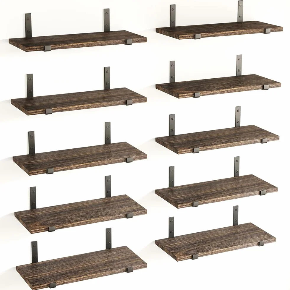 Mensole galleggianti da Parete in Legno 40 x 15 cm, Scaffali a Muro Multiuso con Staffe in Metallo, Set 10, Rovere