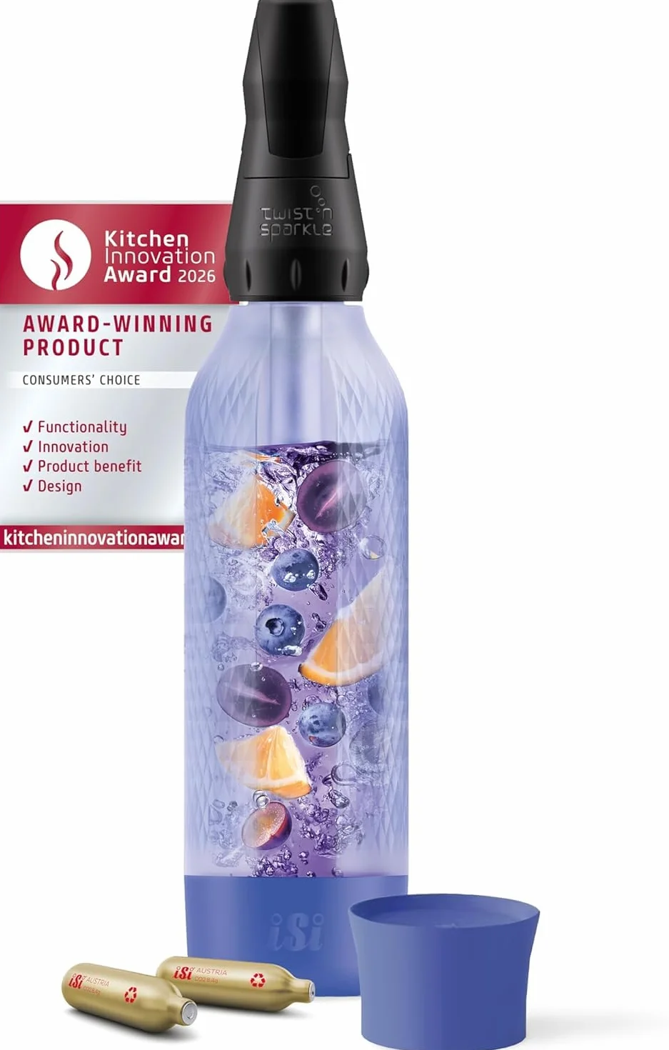 iSi Twist'n Sparkle Virtuoso Spruzzatore d'acqua 0,95 l – Soda Maker per acqua frizzante, succhi e cocktail – Sprudler & Soda Maker con custodia in silicone antiscivolo – Macchina alternativa per