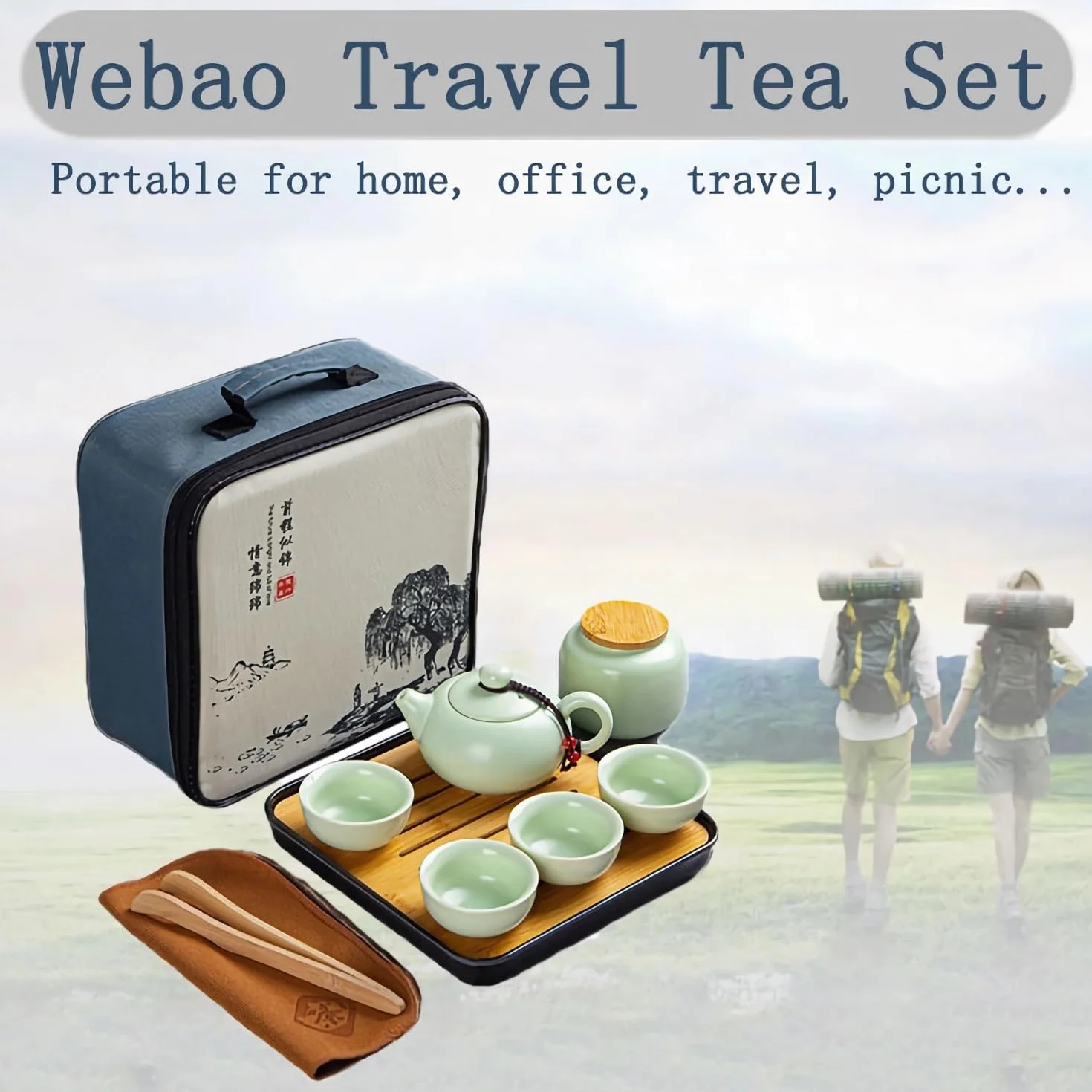 Set di Teiera Cinese Kungfu - Servizio da Tè in Ceramica con 4 Tazze, Lattina e Vassoio da Viaggio