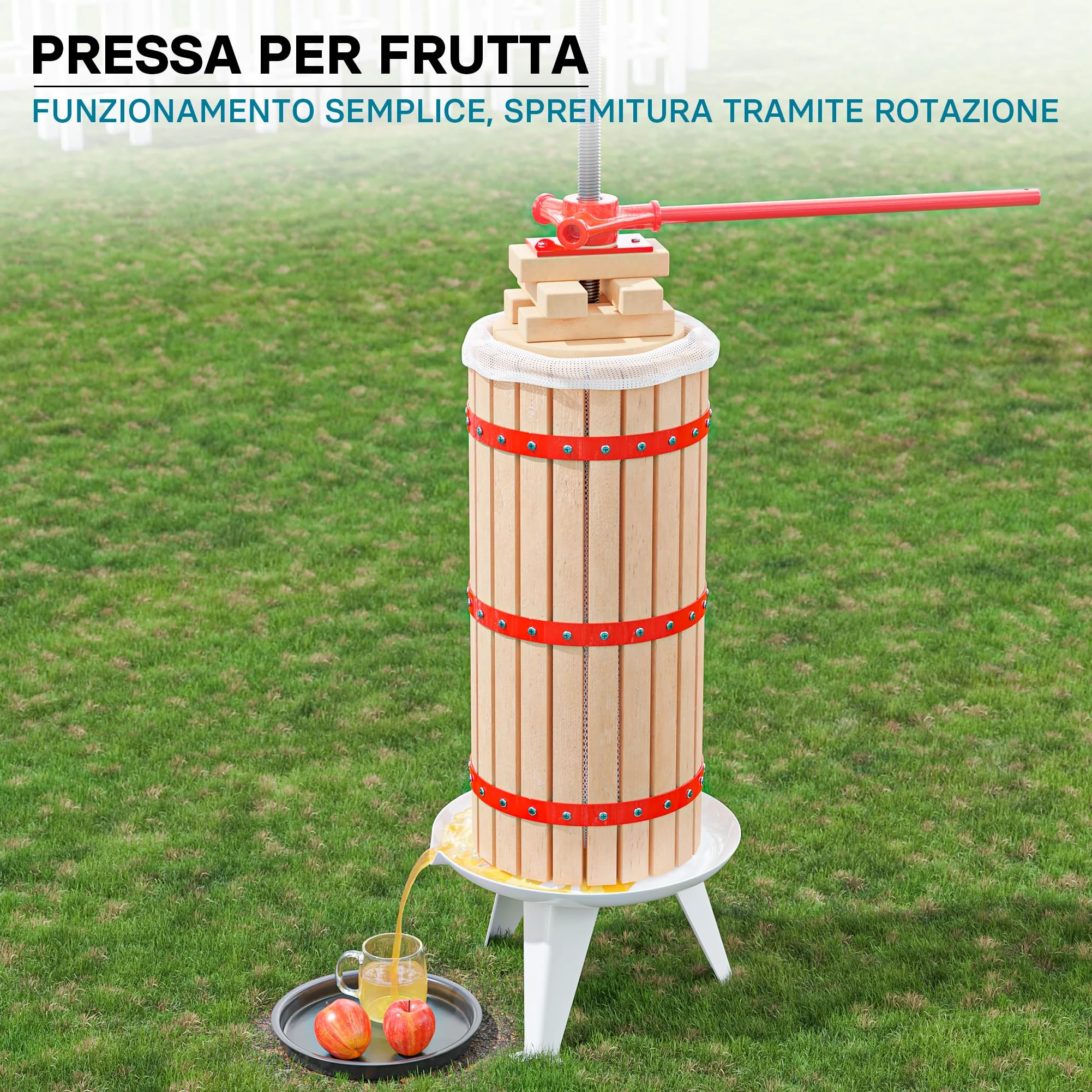 Wiltec Torchio Frutta da 30 l con Gabbia in Legno e 3 Sacchi di spremitura, Torchio a Leva