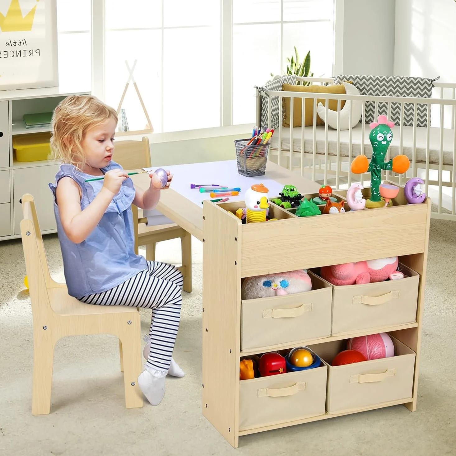 MAMIZO Tavolo per Bambini con 2 PCS Sedie, Tavolo in Legno con Rotolo di Carta, Mobile Montessori per Bambini 3-8 Anni, Ideale per Pittura/Leggere/Mangiare/Giocare, Montaggio Semplice Giallo