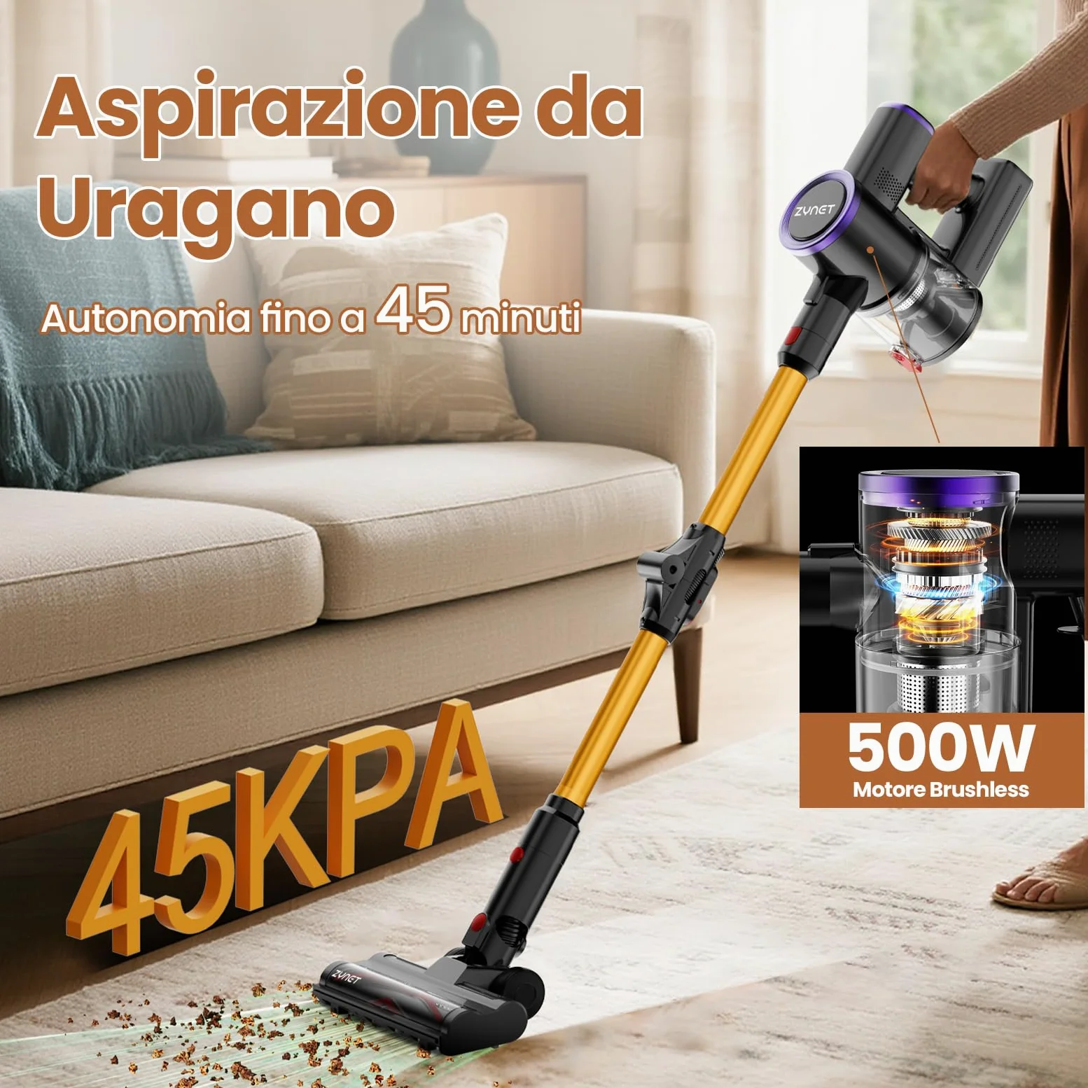 S9 Aspirapolvere Senza Fili, Scopa Elettrica Senza Fili 45000Pa/500W/45Min con Tubo Pieghevole e Supporto a Parete, Motore Brushless, per Peli di Animali Domestici, Tappeti e Pavimenti Duri