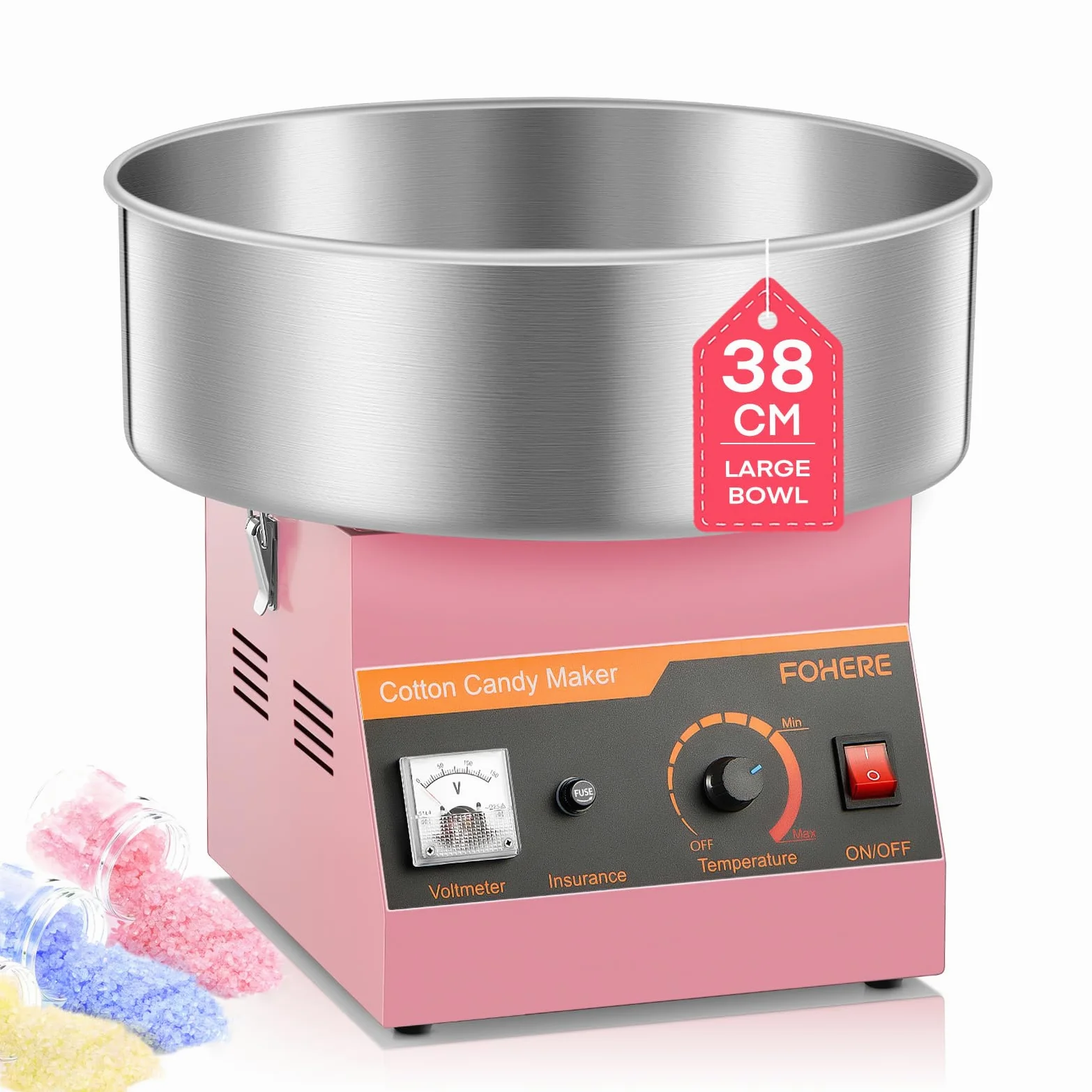 FOHERE Macchina Zucchero Filato Commerciale, Elettrodomestici Macchina per Zucchero Filato da Banco Commerciale 1000W Capienza Ciotola,per Compleanni, Feste Eventi Carnevale, Rosa