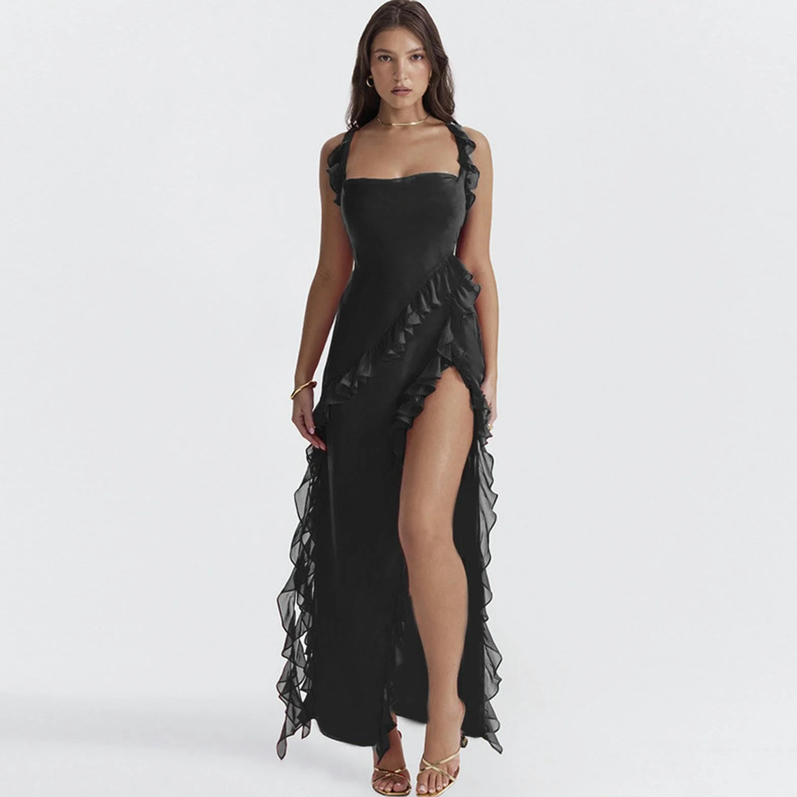 Abito da Donna Sexy con Bretelle Alte e Sottili con Fessura Alta