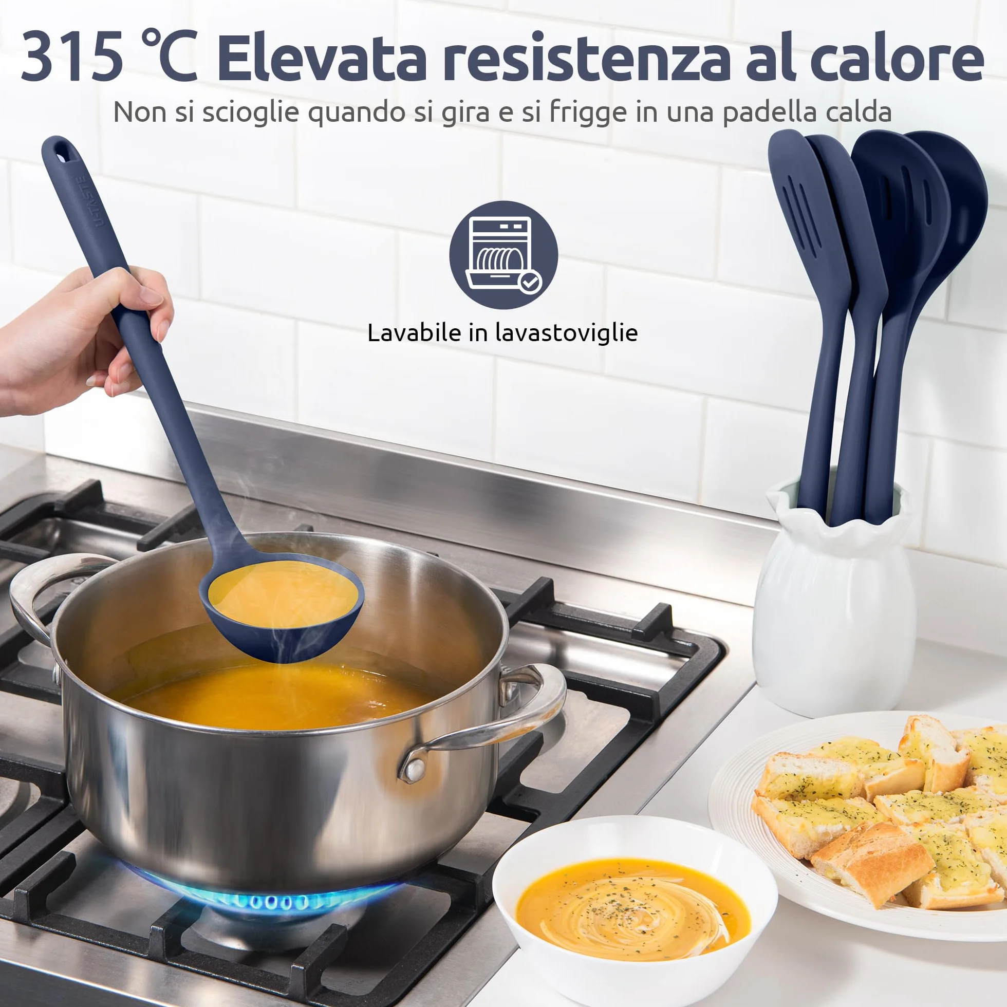 U-Taste Utensili da cucina in silicone extra lunghi 315℃, Spatole, cucchiai e mestolo antiaderente (5 Pz, Blu notte)