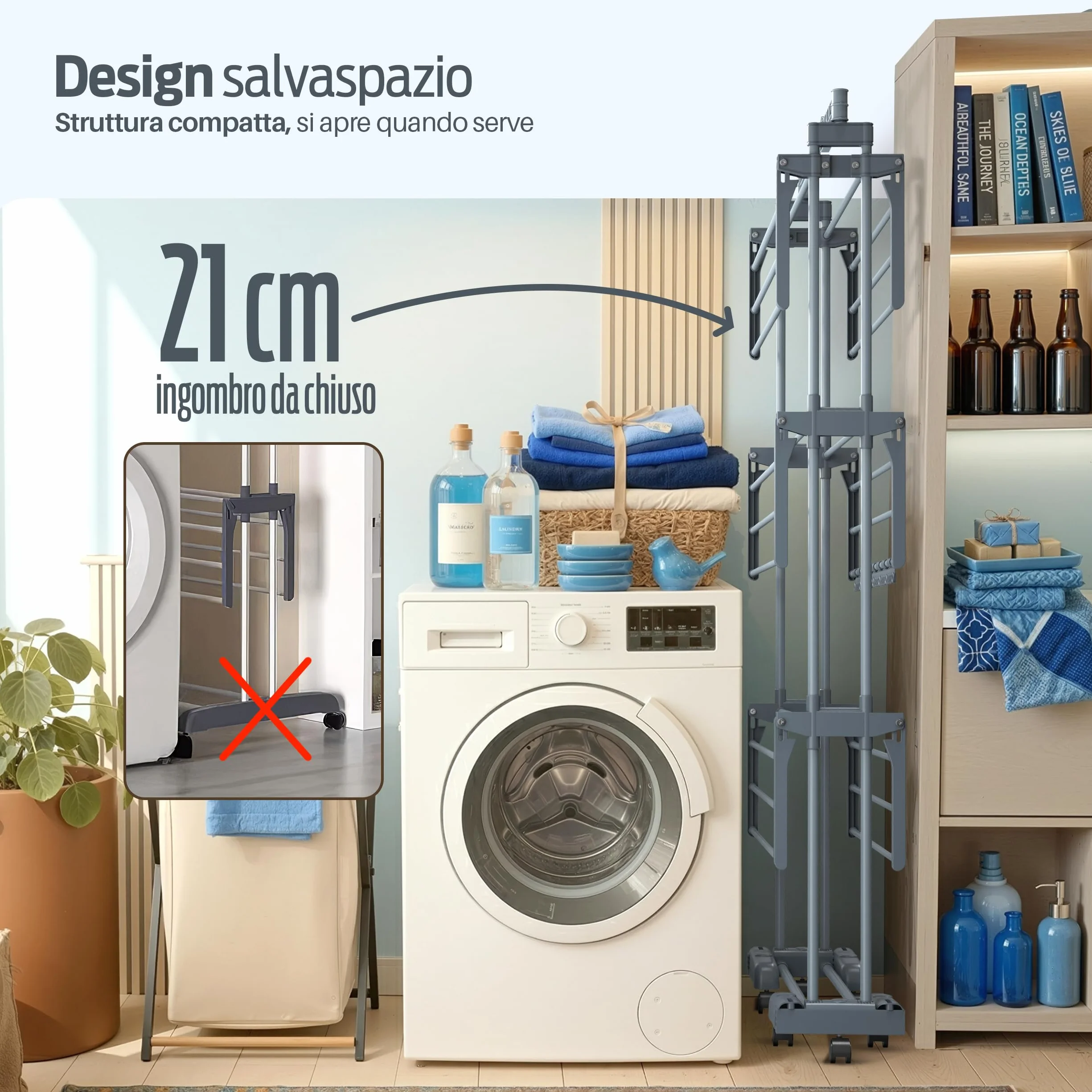 PORTENTUM Stendino verticale salvaspazio pieghevole con 4 livelli e 24 barre di stenditura – Fino a 40 kg – Stendibiancheria con 2 accessori per calzini e 2 ali laterali – Ruote girevoli con freno