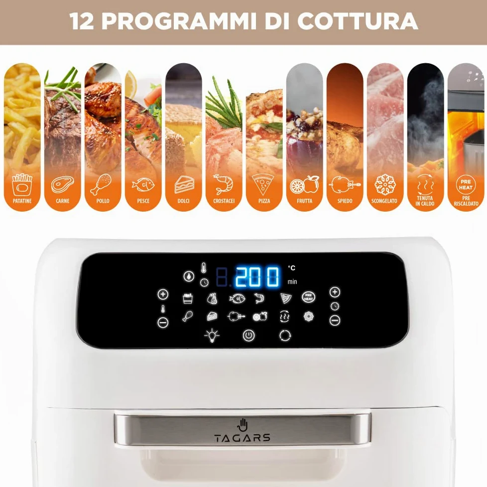 Forno Friggitrice Ad Aria Calda Da 12 Litri Con Display Digitale, Sistema A Riscaldamento Rapido, 12 Programmi Di Cottura, Timer e Temperatura Regolabili 1800 W