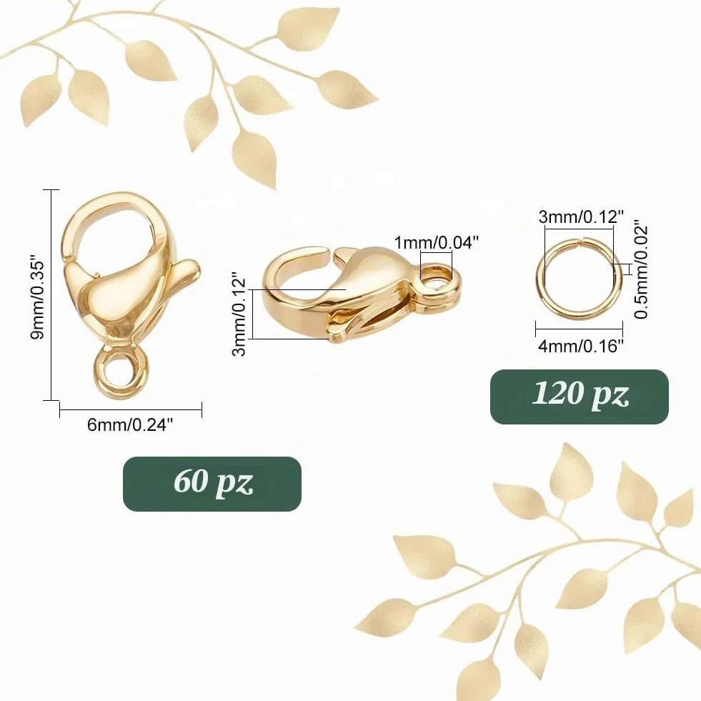 PH PandaHall 120pz 4mm Anelli di Salto Aperti Oro Anellini Aperti Acciaio Inox con 60pz Chiusura ad Artiglio di Aragosta per Gioielli Bracciale Collana Orecchini Portachiavi Fai Da Te
