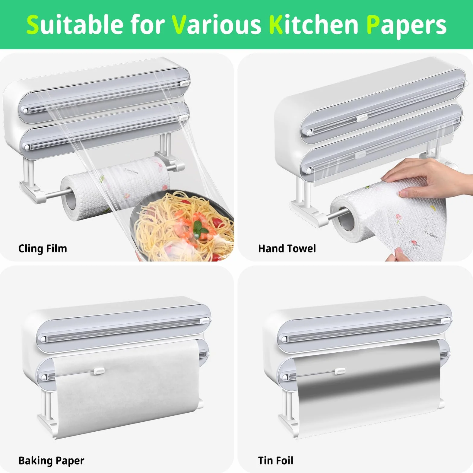 DBREAKS Supporto per rotoli di carta da cucina da Parete (3 rotoli), Porta Rotoli Alluminio e Pellicola, Taglierina per Pellicola Trasparente, Dispenser Carta Stagnola in Alluminio，con film Alimentare