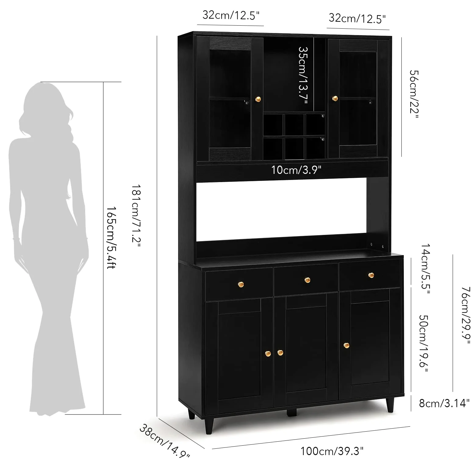 VOWNER Credenza Cucina, Mobile Buffet con 5 Armadietti, Mobile da Cucina Dispensa, Armadio Dispensa, 5 Ripiani Regolabili, per Cucina, Soggiorno, 100L x 38W x 181H cm, Nero